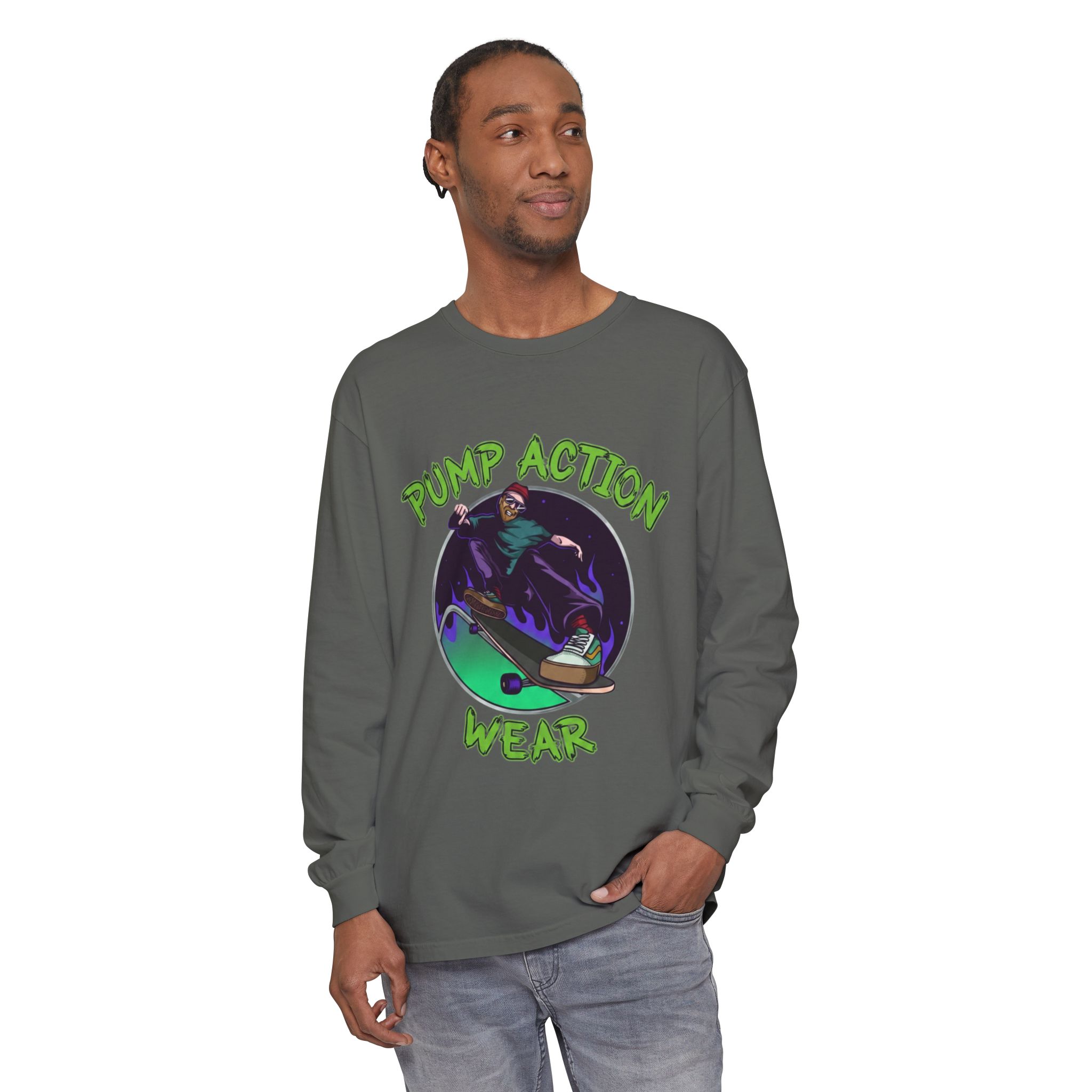 Skateboarder Graphic Long Sleeve Tee — "Pump Action Wear" - Image 35