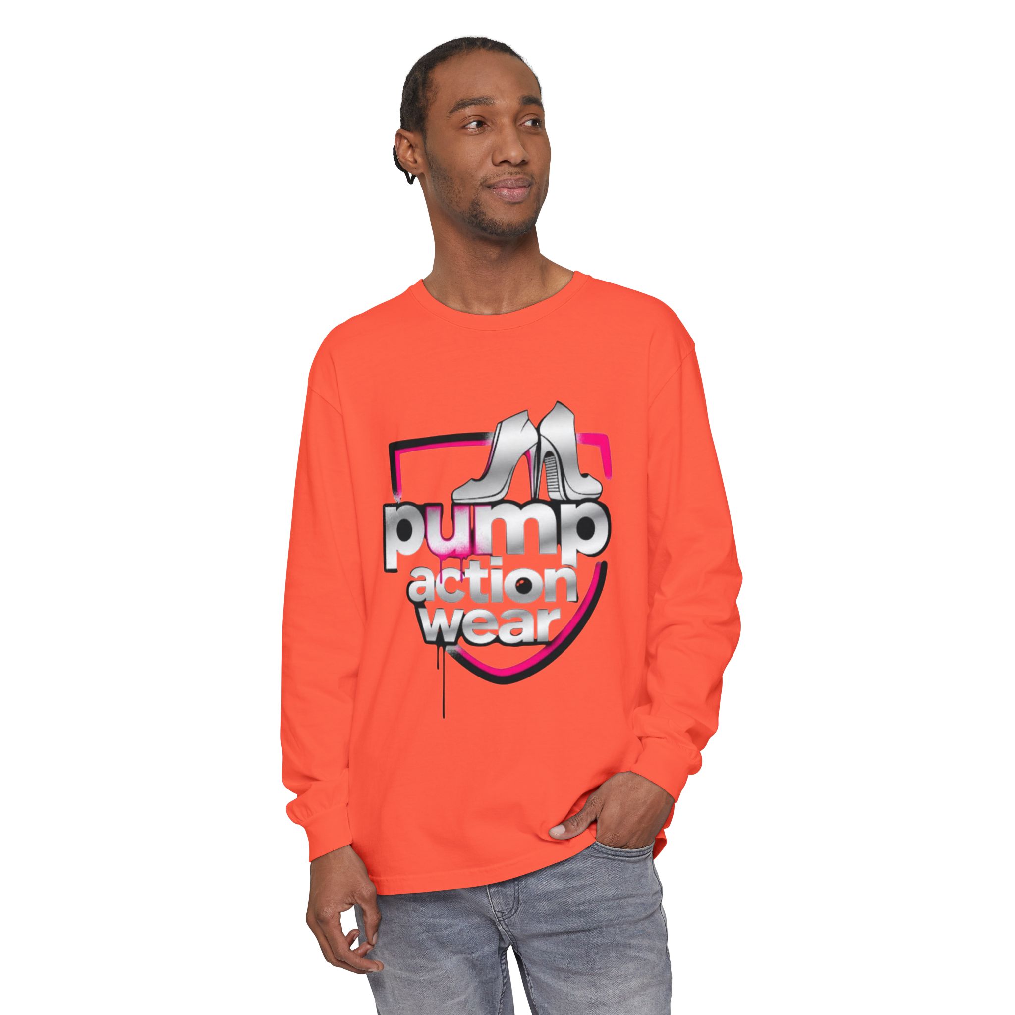 Pump Action Wear Long Sleeve Tee — Retro Chrome Logo Graphic Shirt - Image 11