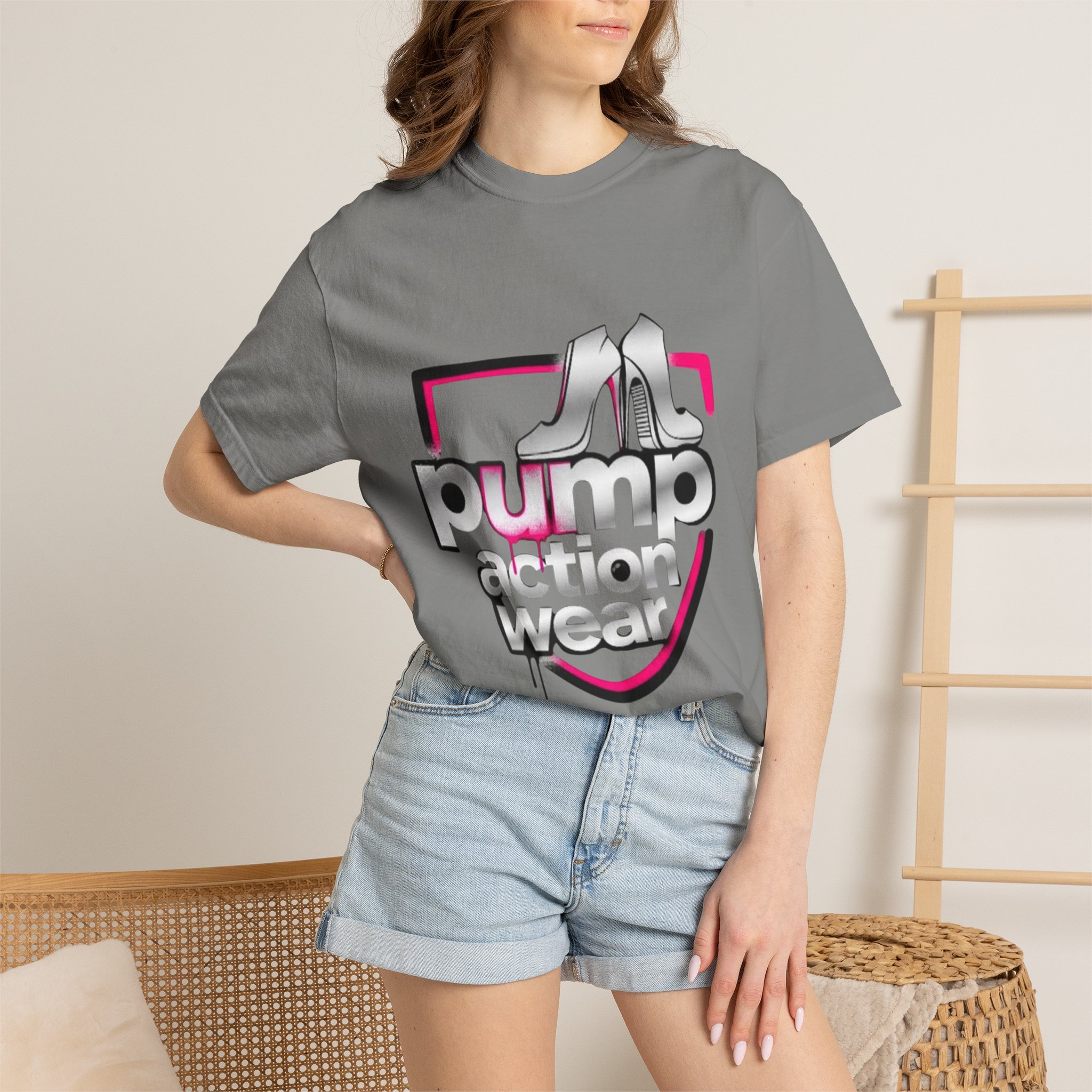 Pump Action Wear T-Shirt — Retro Metallic Heels Logo Tee - Image 36