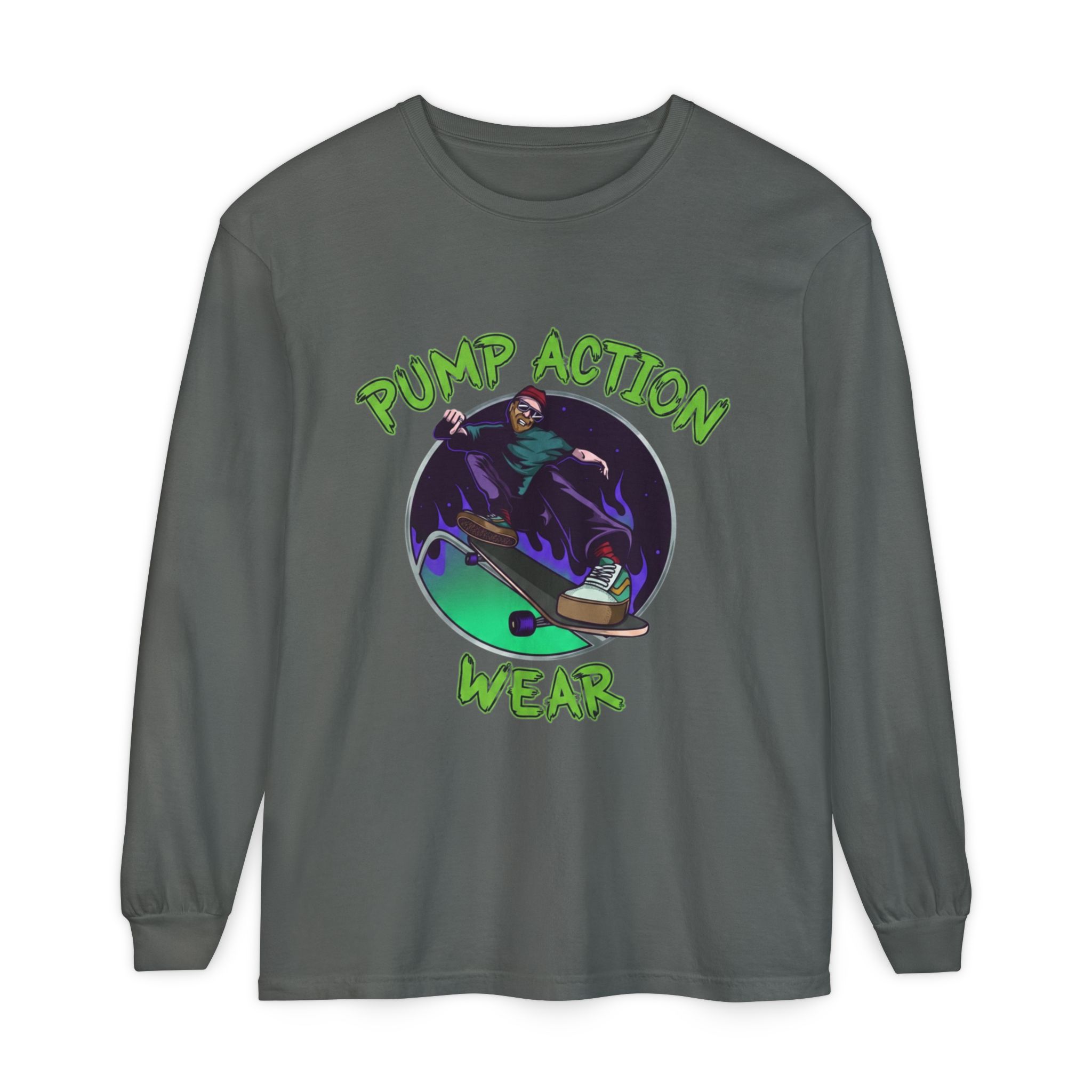 Skateboarder Graphic Long Sleeve Tee — "Pump Action Wear" - Image 33