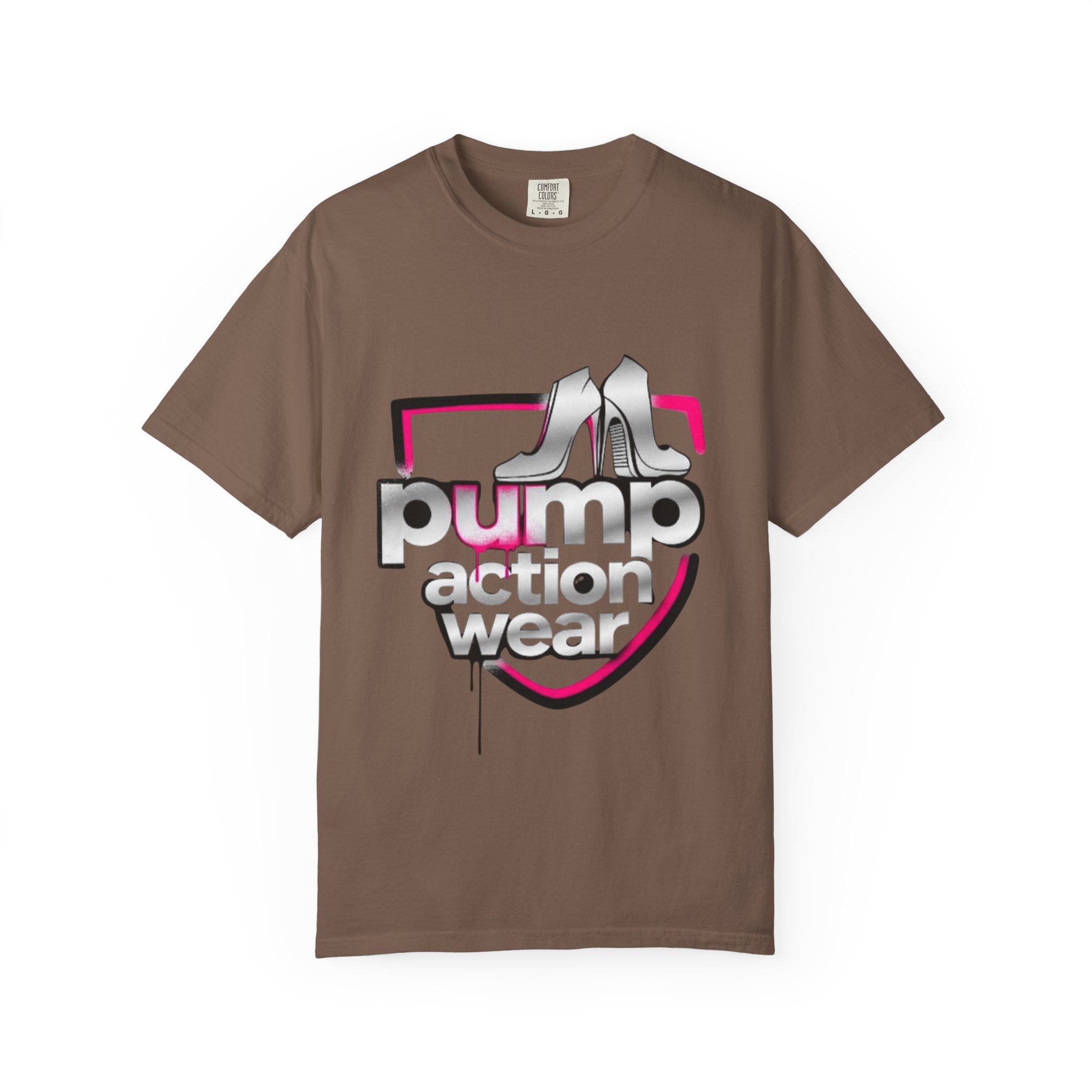 Pump Action Wear T-Shirt — Retro Metallic Heels Logo Tee - Image 13