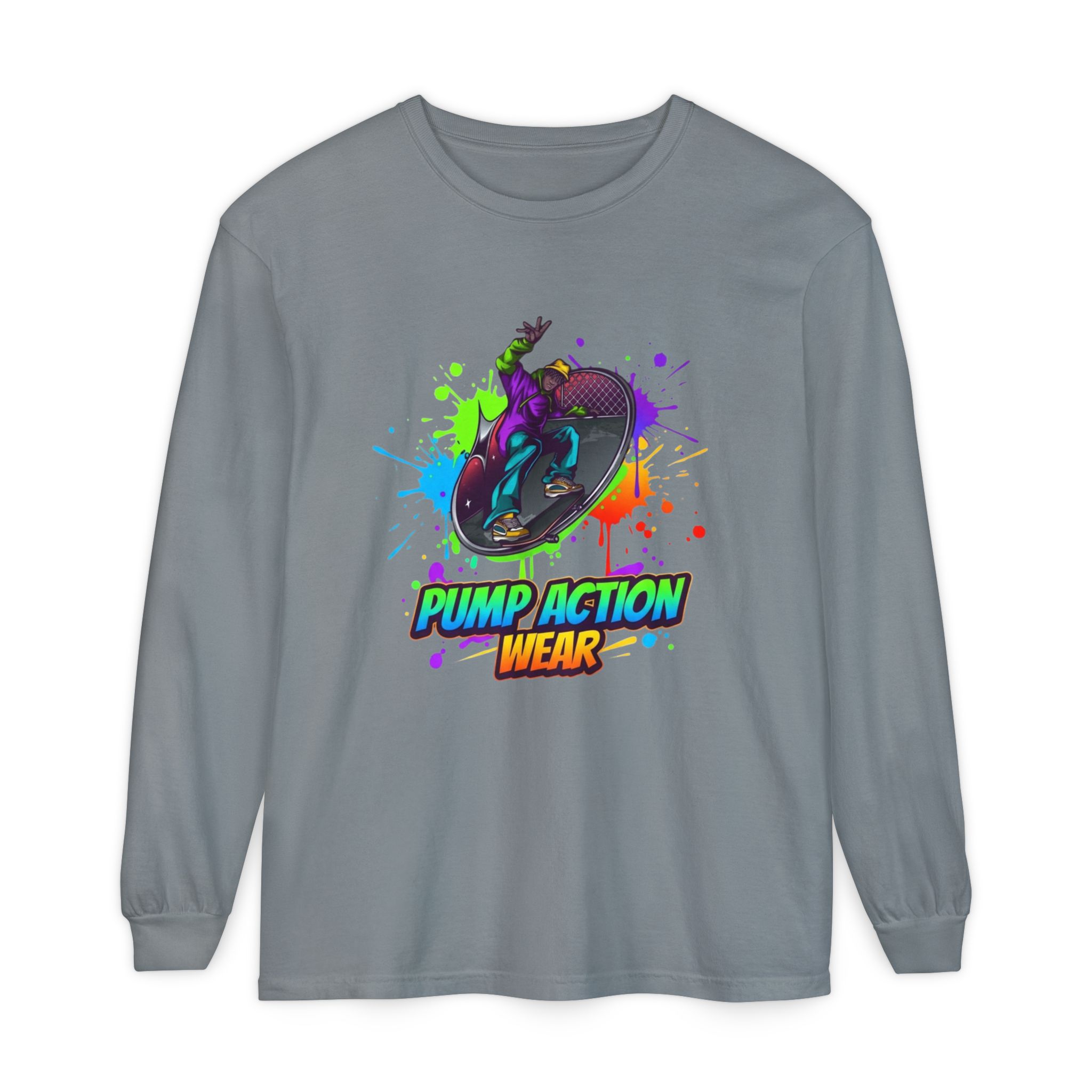Long Sleeve T-Shirt — "Pump Action Wear" Paint-Splash Skate Graphic - Image 41