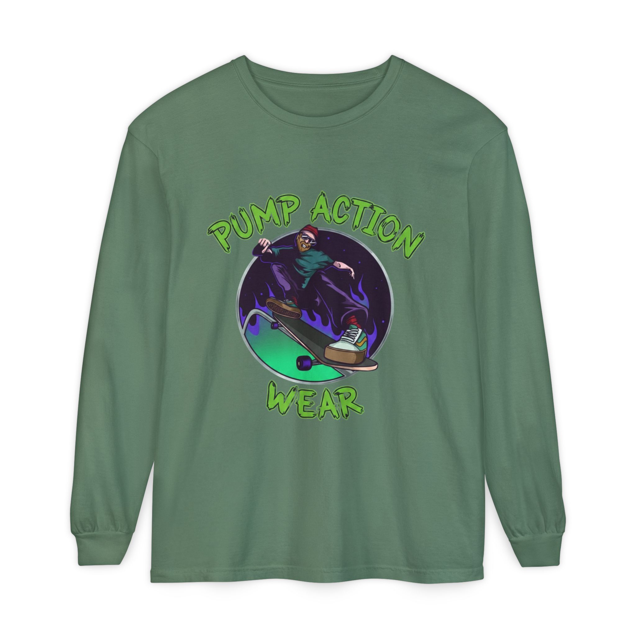 Skateboarder Graphic Long Sleeve Tee — "Pump Action Wear" - Image 45