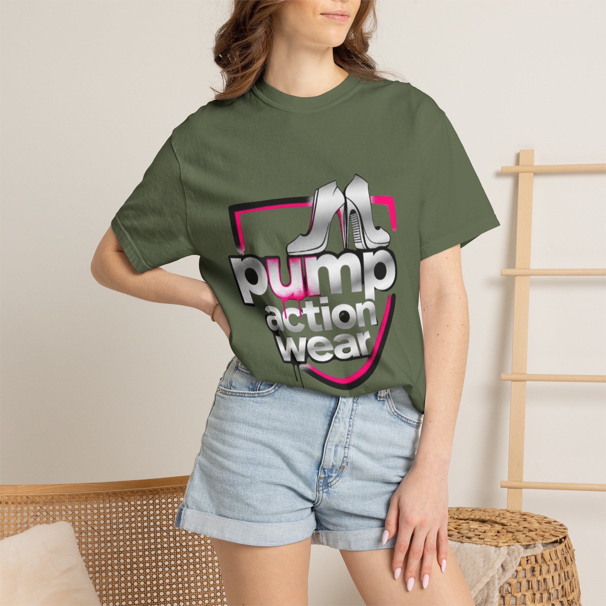 Pump Action Wear T-Shirt — Retro Metallic Heels Logo Tee - Image 28