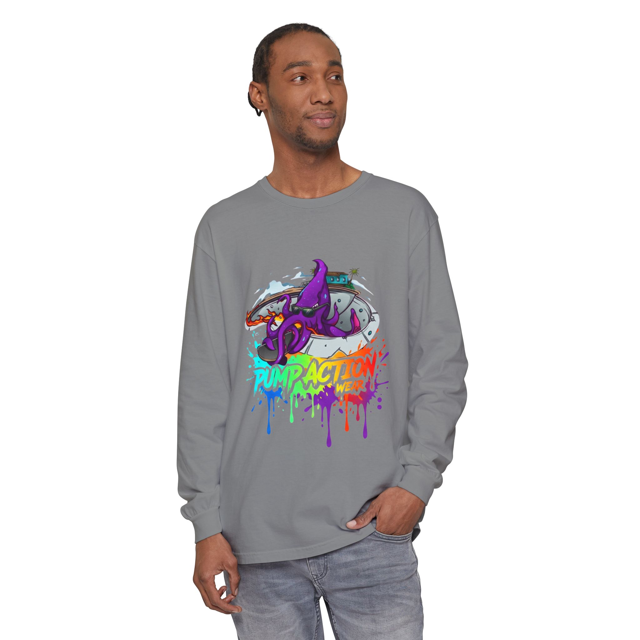 Long Sleeve T‑Shirt — 'Pump Action' Colorful Octopus Skate Graphic - Image 31