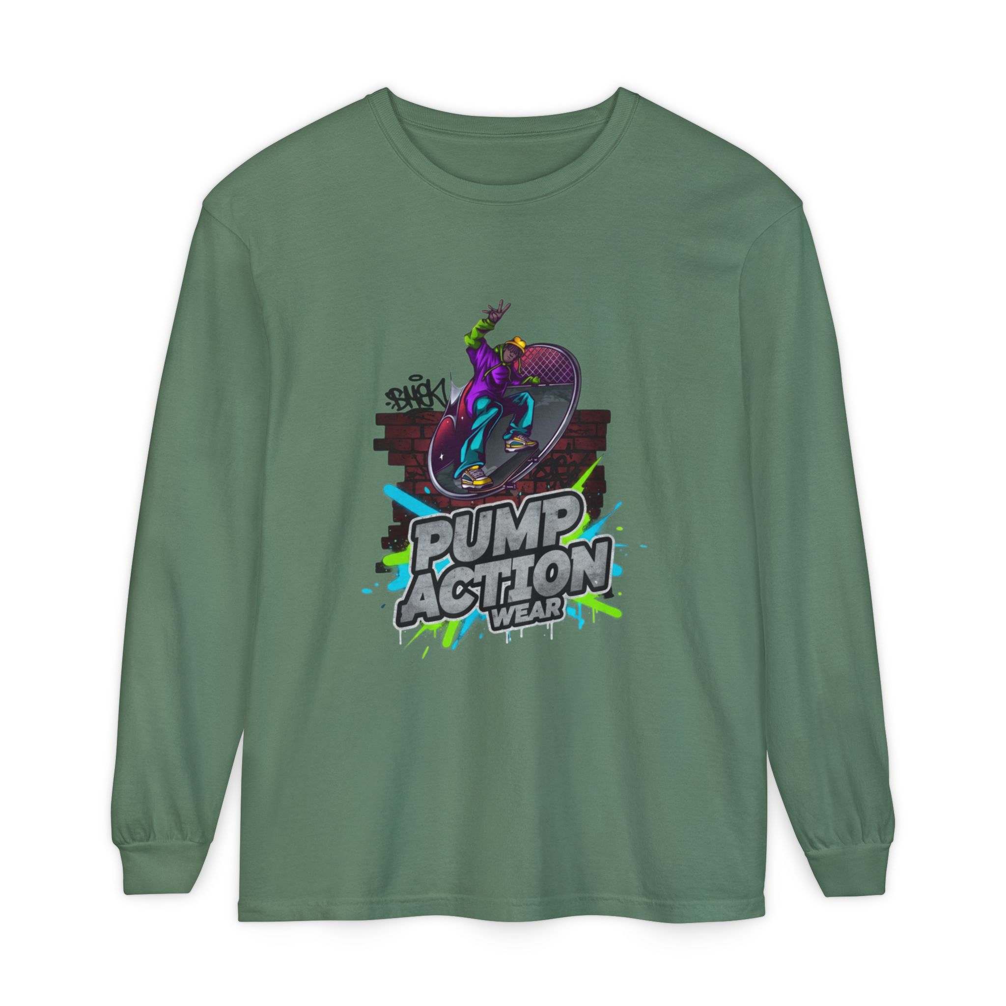 Pump Action Skateboard Long Sleeve Tee — Neon Skate Graphic - Image 49