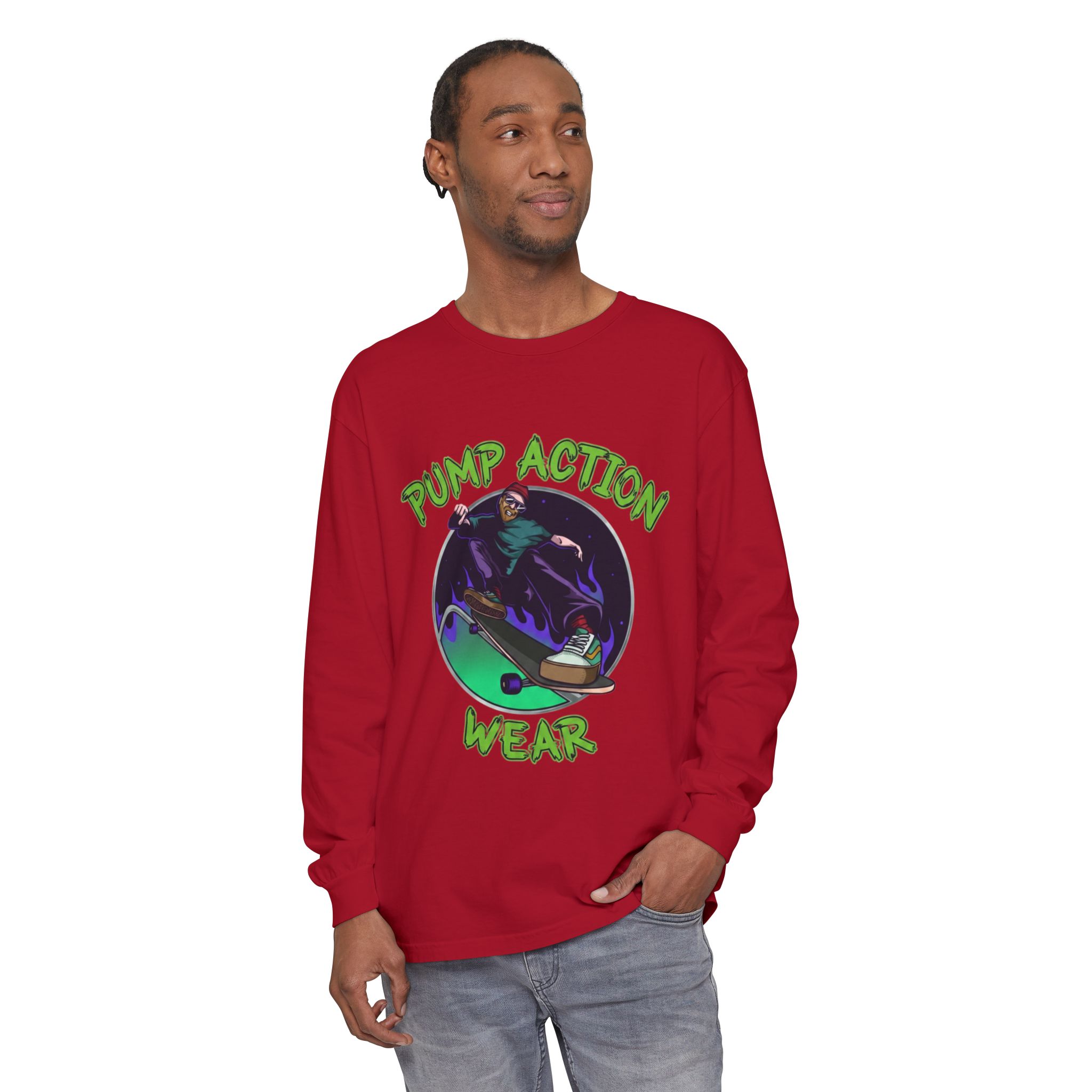 Skateboarder Graphic Long Sleeve Tee — "Pump Action Wear" - Image 67