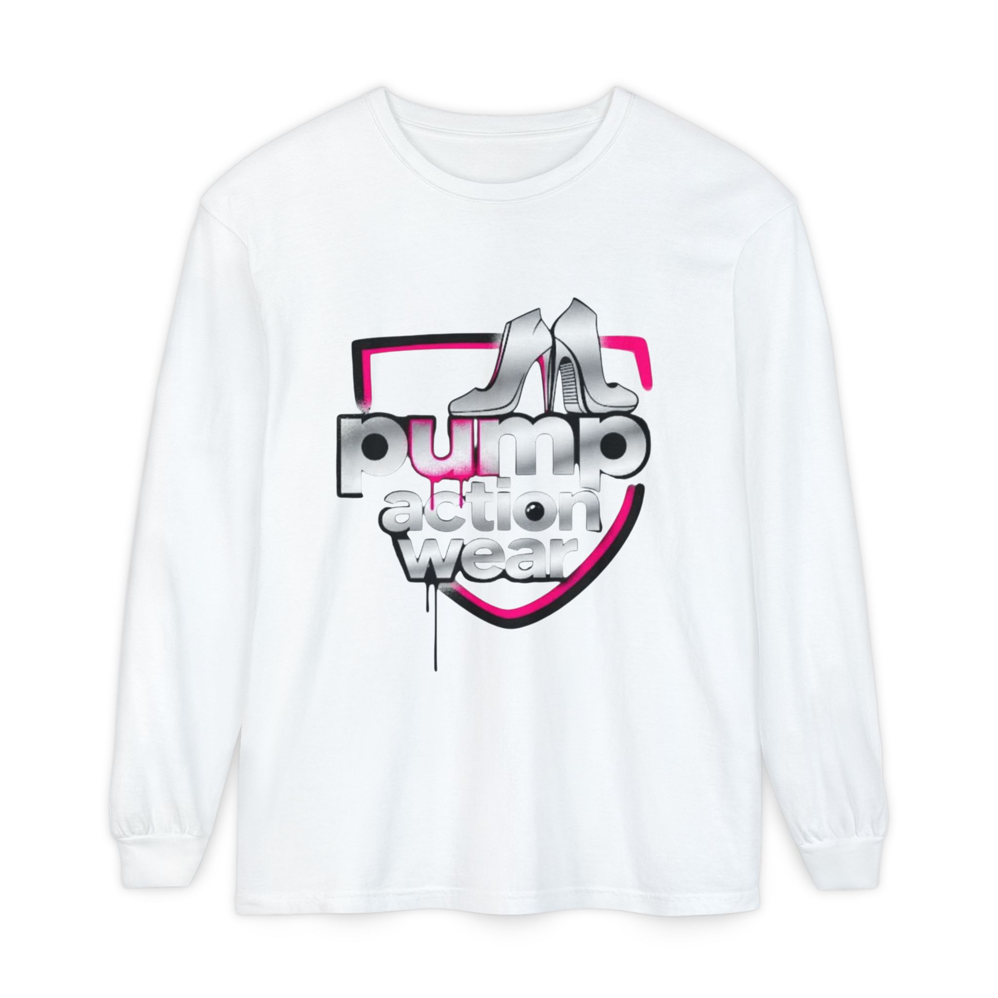 Pump Action Wear Long Sleeve Tee — Retro Chrome Logo Graphic Shirt