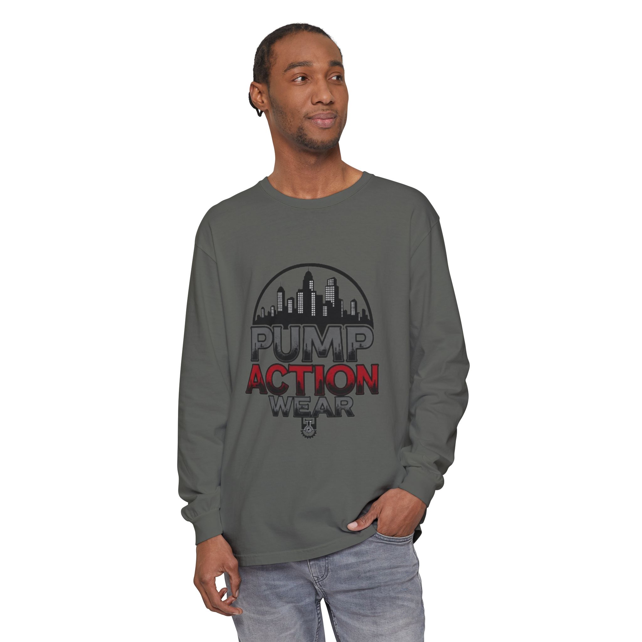 Pump Action Wear Long Sleeve Tee – Urban Skyline Graphic - Image 39