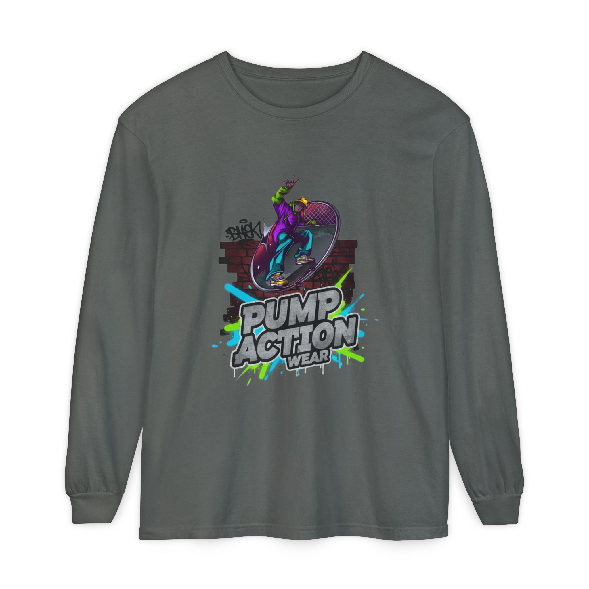 Pump Action Skateboard Long Sleeve Tee — Neon Skate Graphic - Image 37
