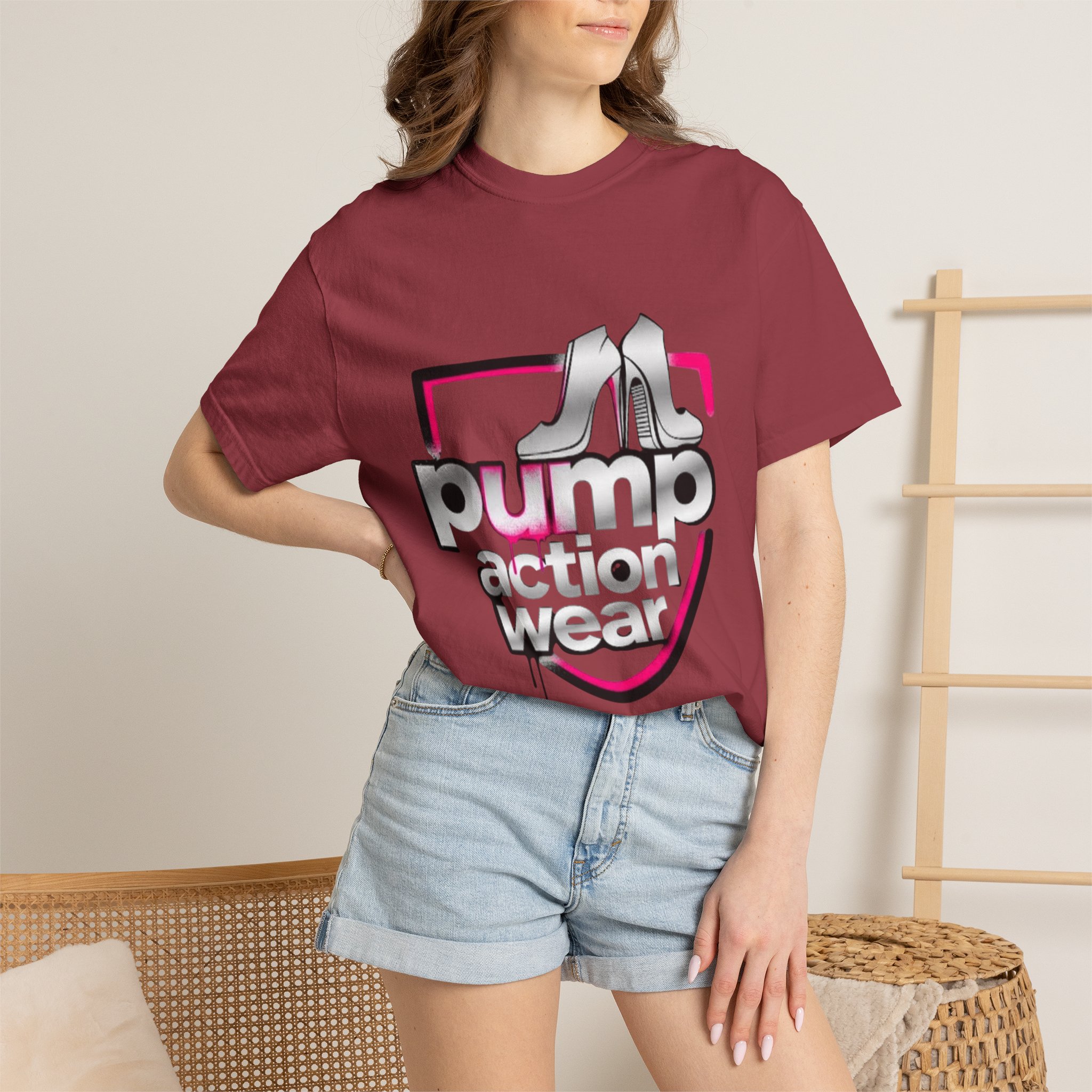 Pump Action Wear T-Shirt — Retro Metallic Heels Logo Tee - Image 52