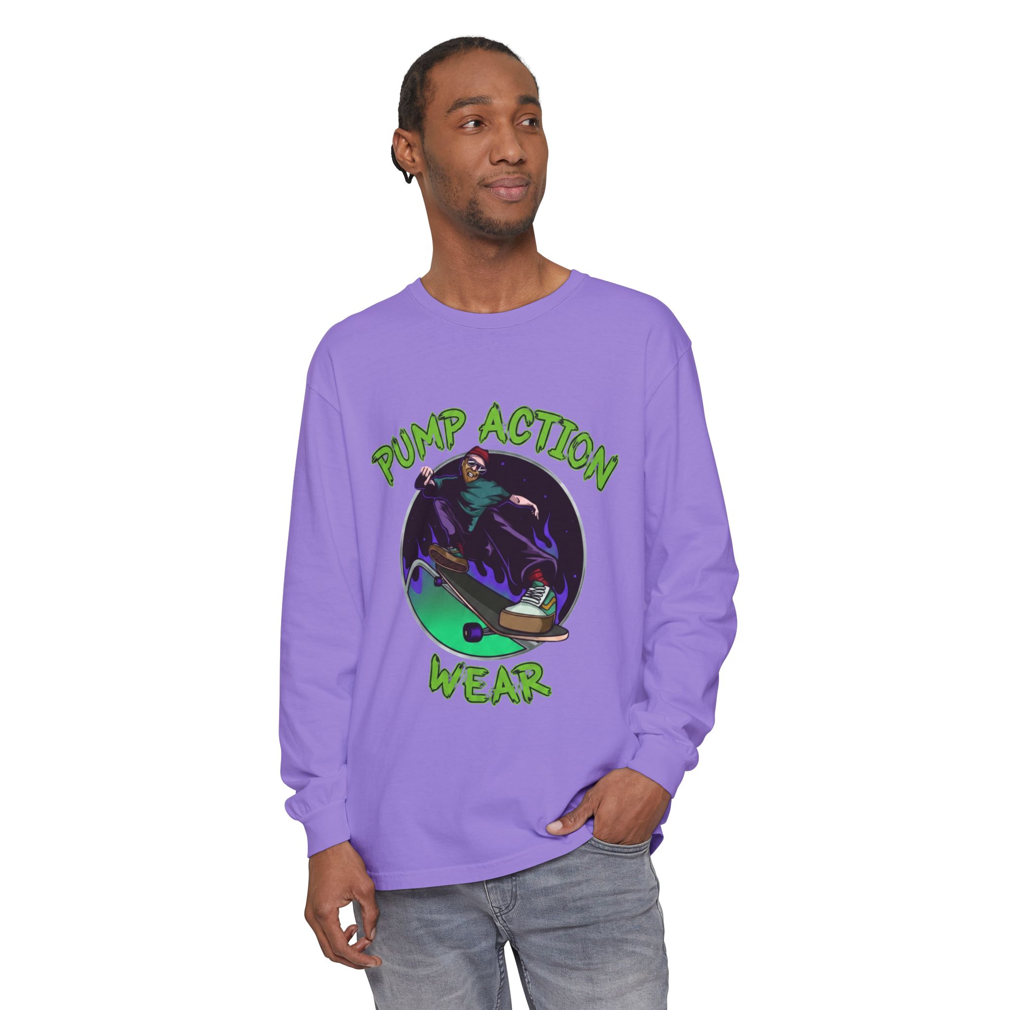 Skateboarder Graphic Long Sleeve Tee — "Pump Action Wear" - Image 63