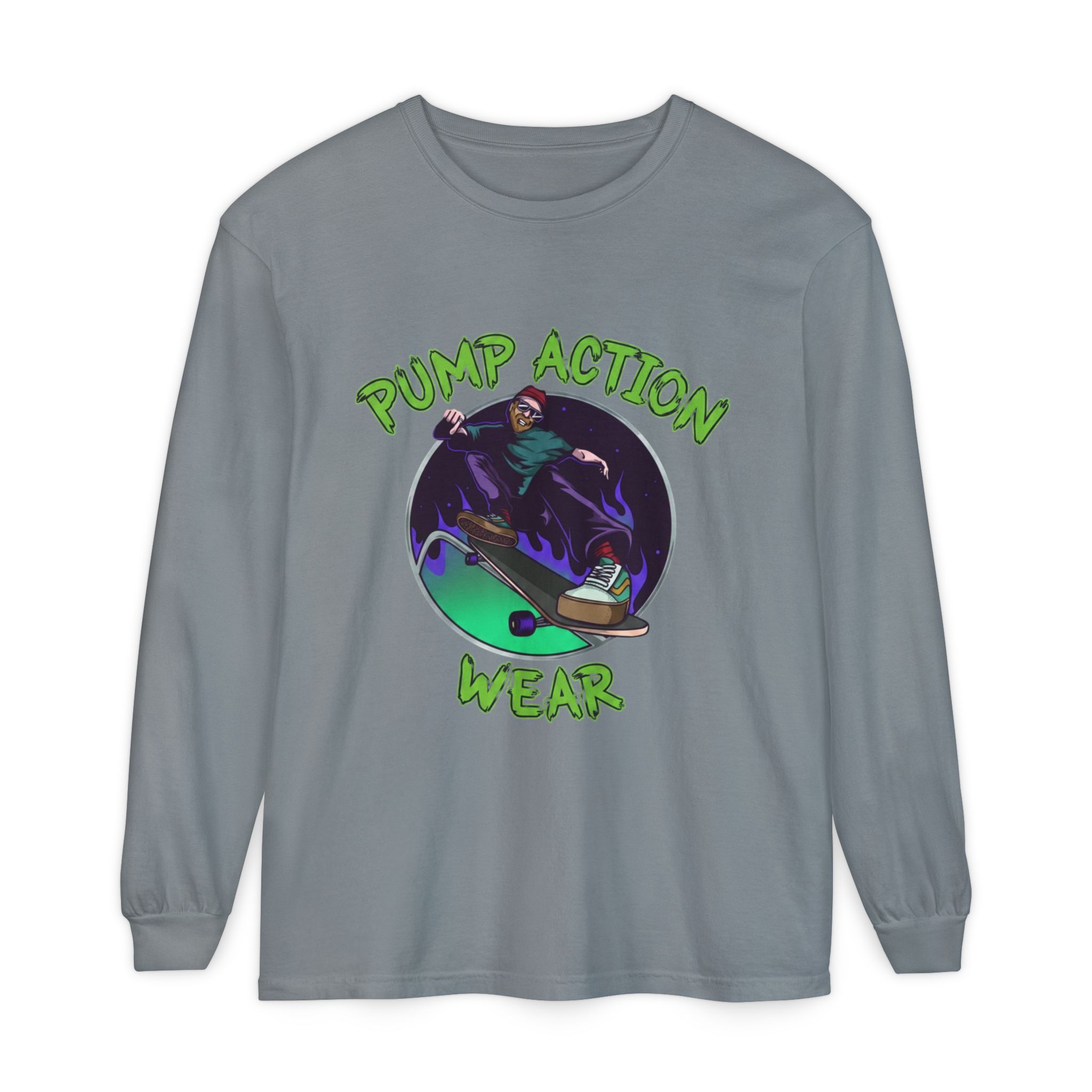 Skateboarder Graphic Long Sleeve Tee — "Pump Action Wear" - Image 49