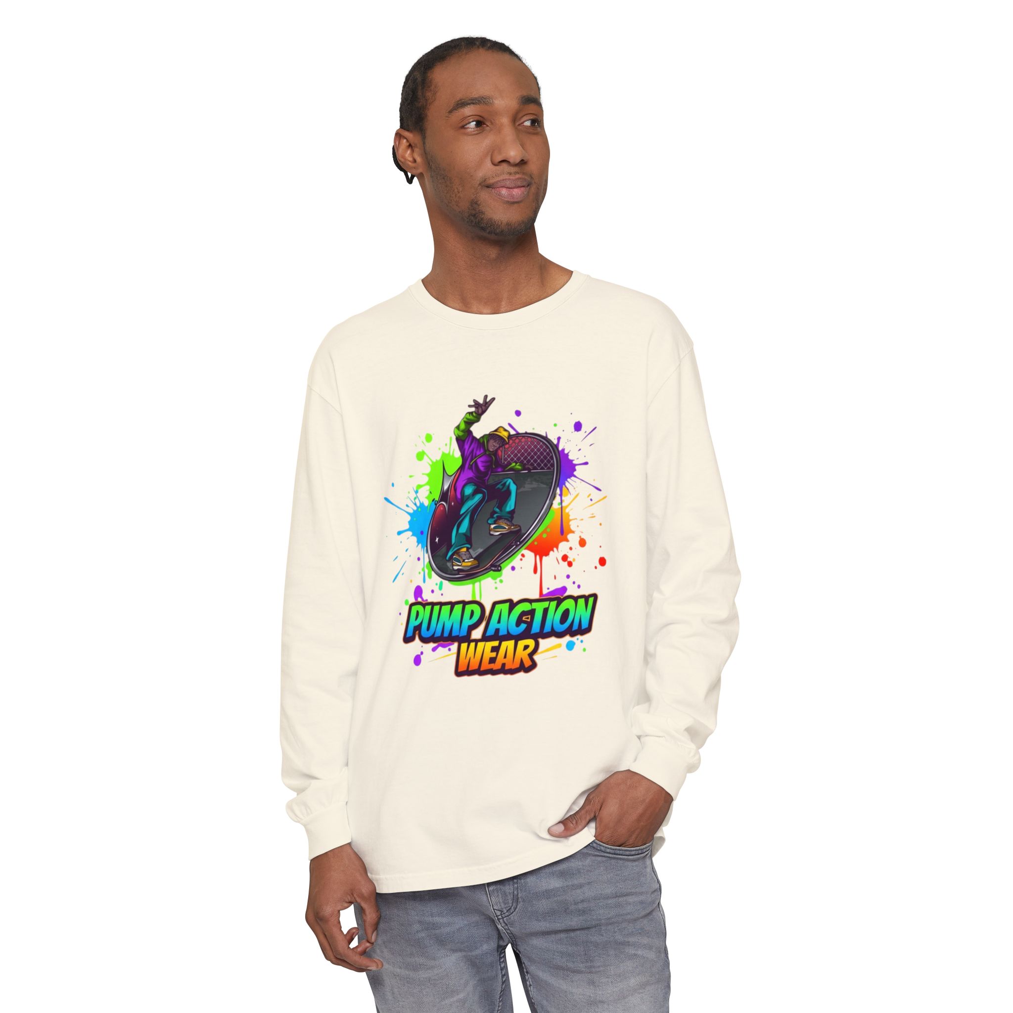 Long Sleeve T-Shirt — "Pump Action Wear" Paint-Splash Skate Graphic - Image 19