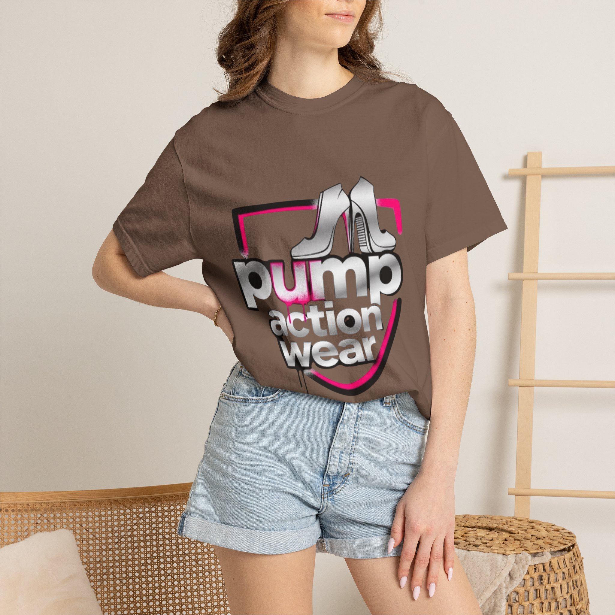 Pump Action Wear T-Shirt — Retro Metallic Heels Logo Tee - Image 16