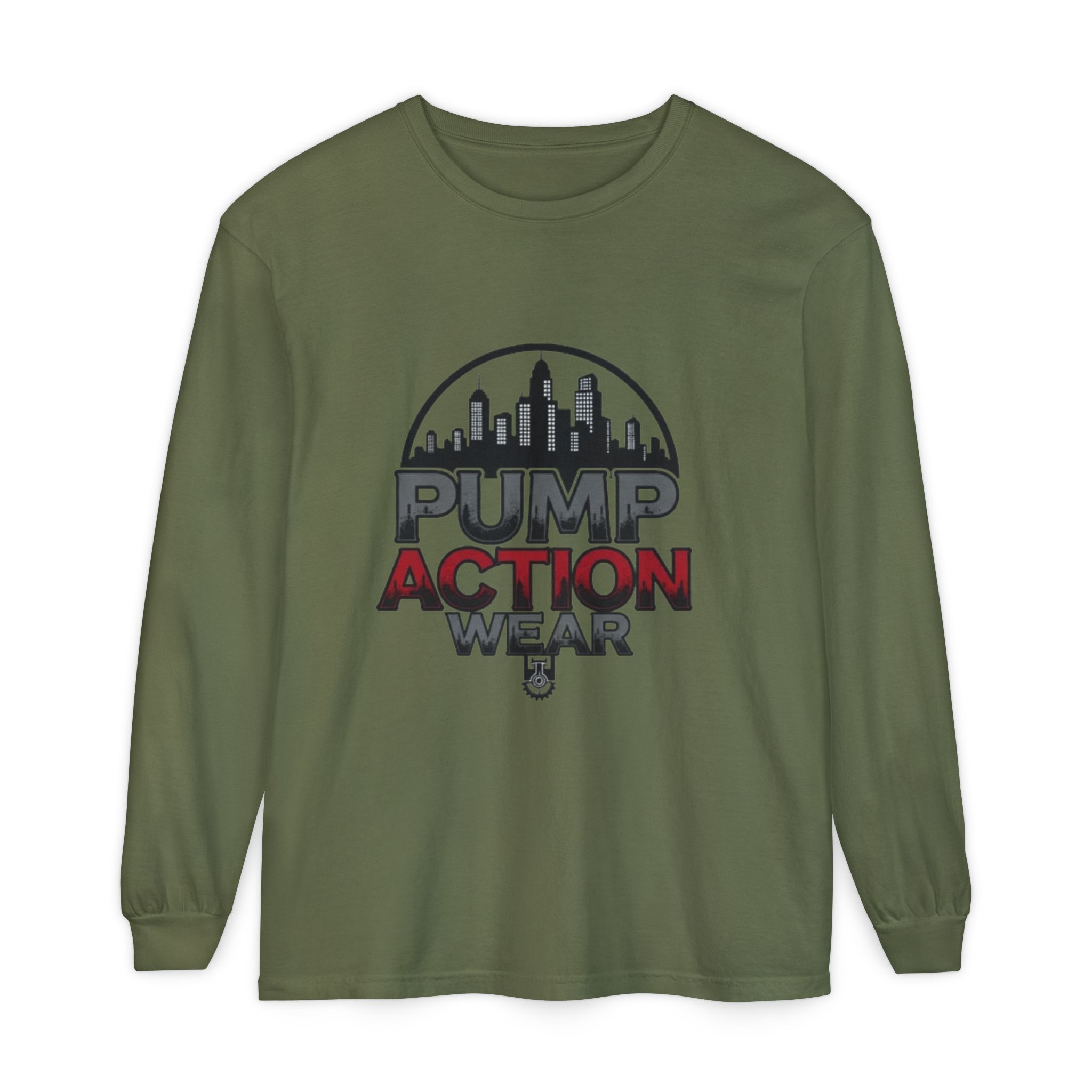 Pump Action Wear Long Sleeve Tee – Urban Skyline Graphic - Image 45