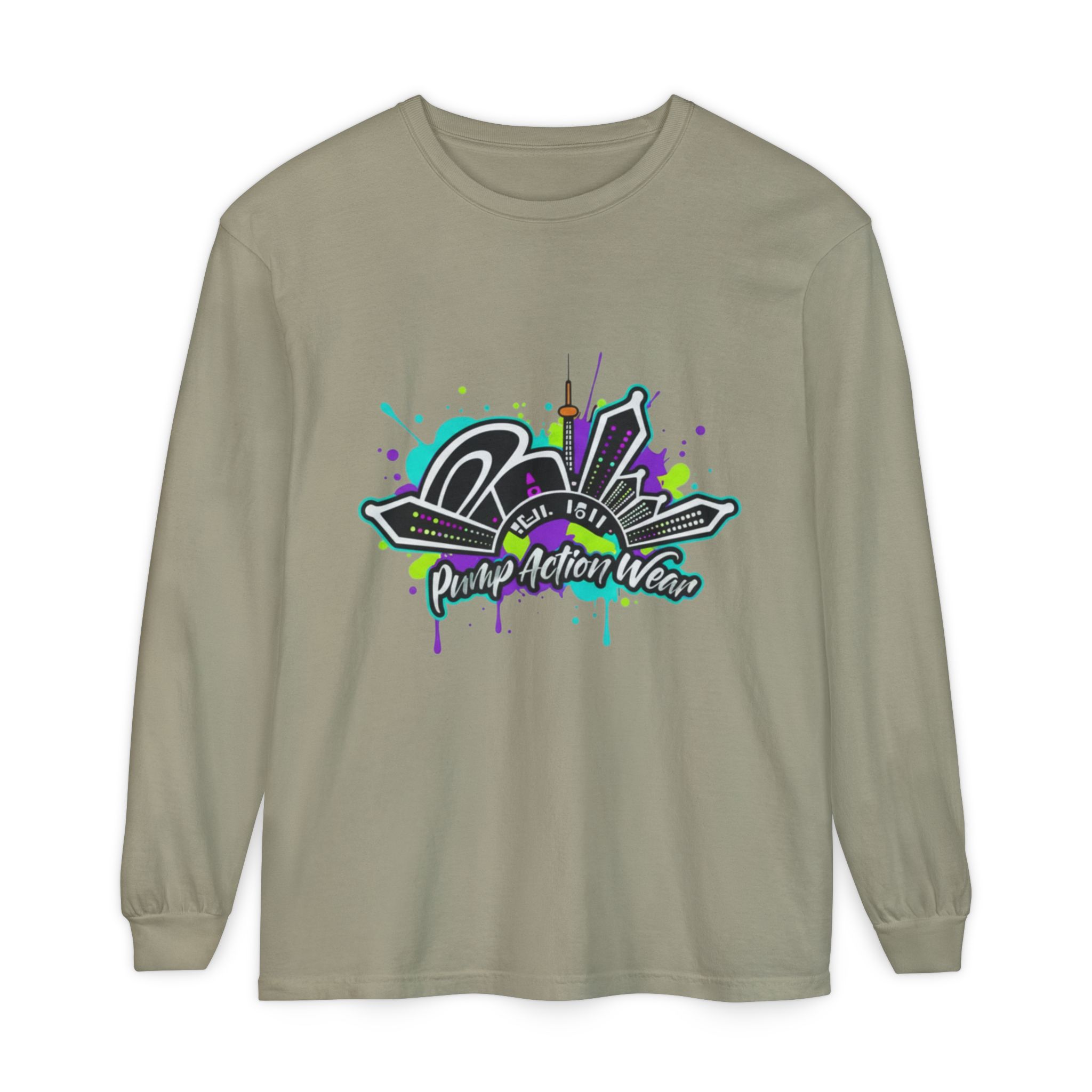 Graphic Long Sleeve T-Shirt — 'Pump Action Wear' Urban Graffiti City Design - Image 29