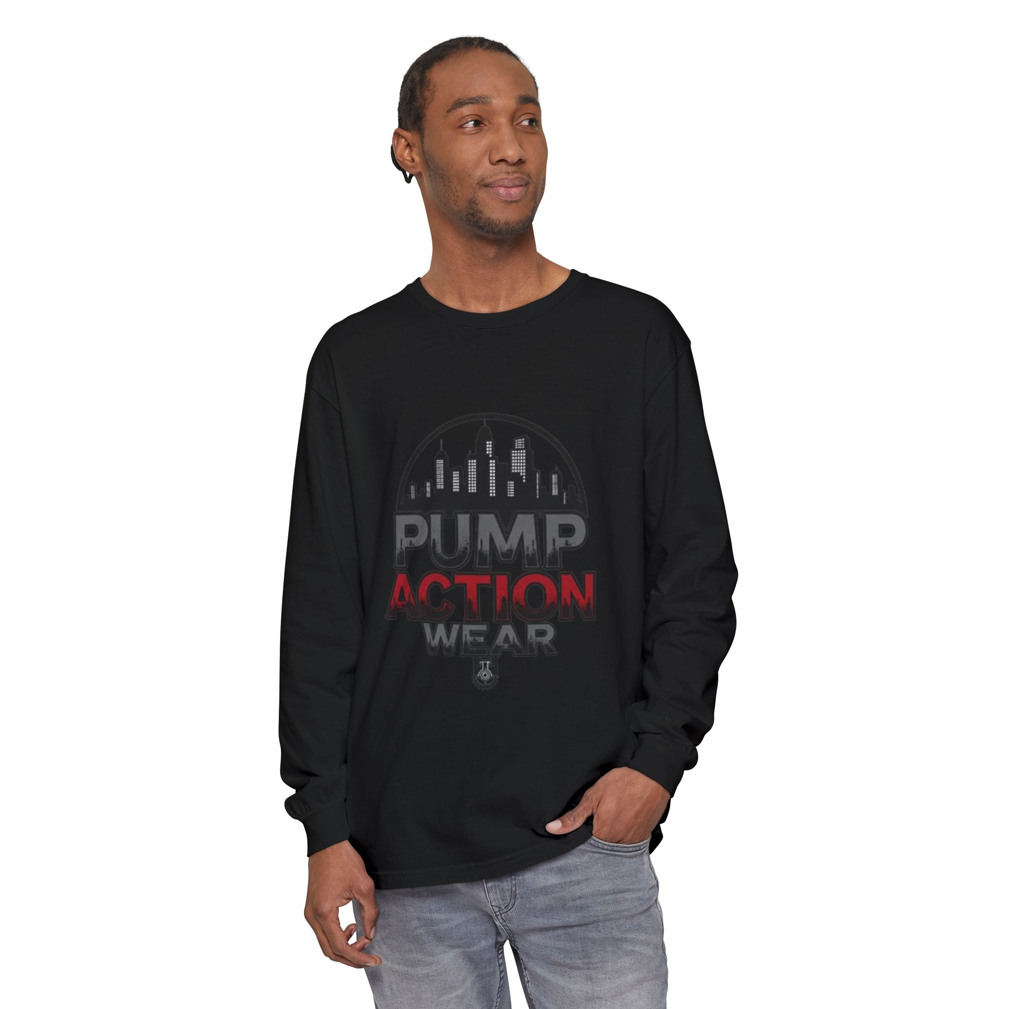 Pump Action Wear Long Sleeve Tee – Urban Skyline Graphic - Image 63