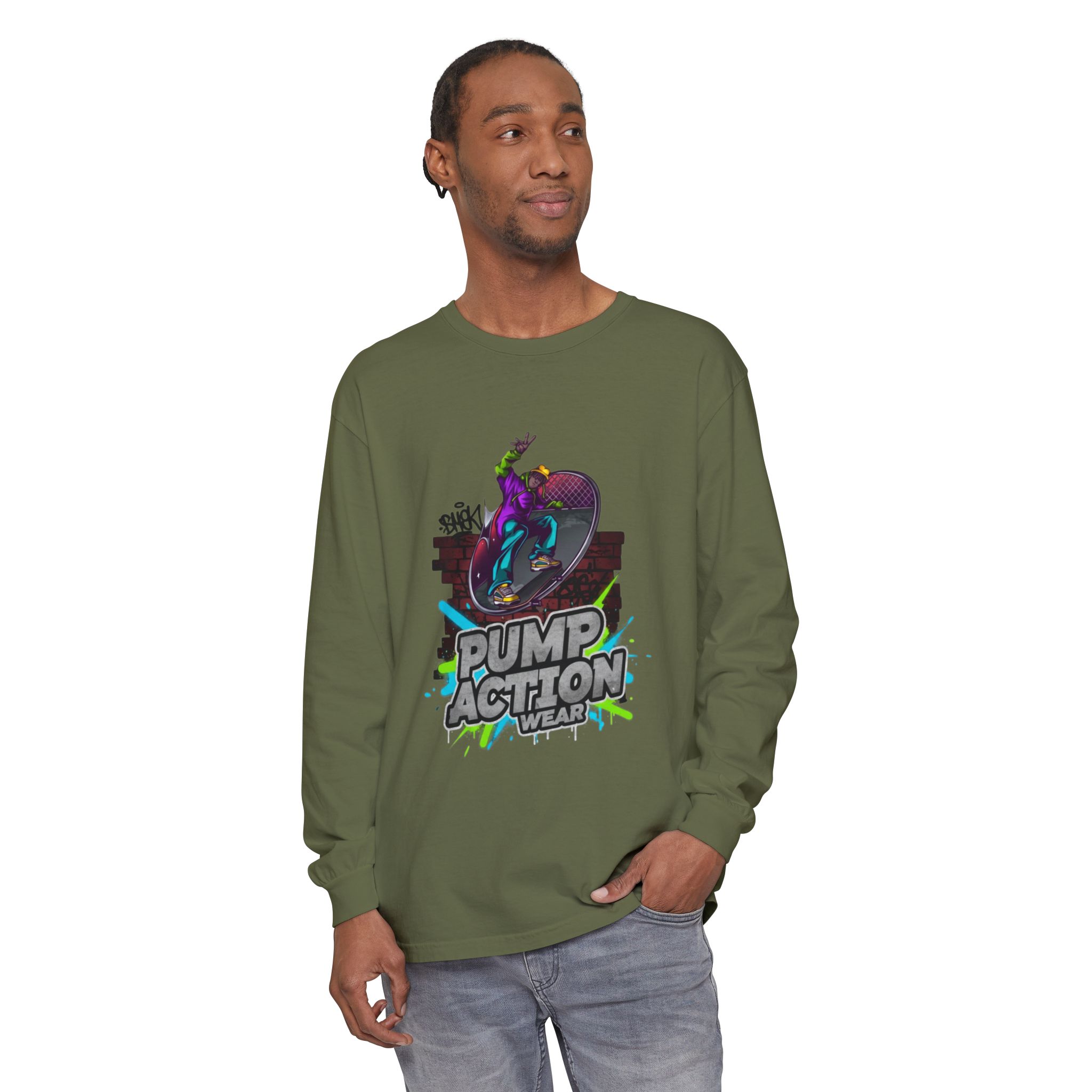 Pump Action Skateboard Long Sleeve Tee — Neon Skate Graphic - Image 47