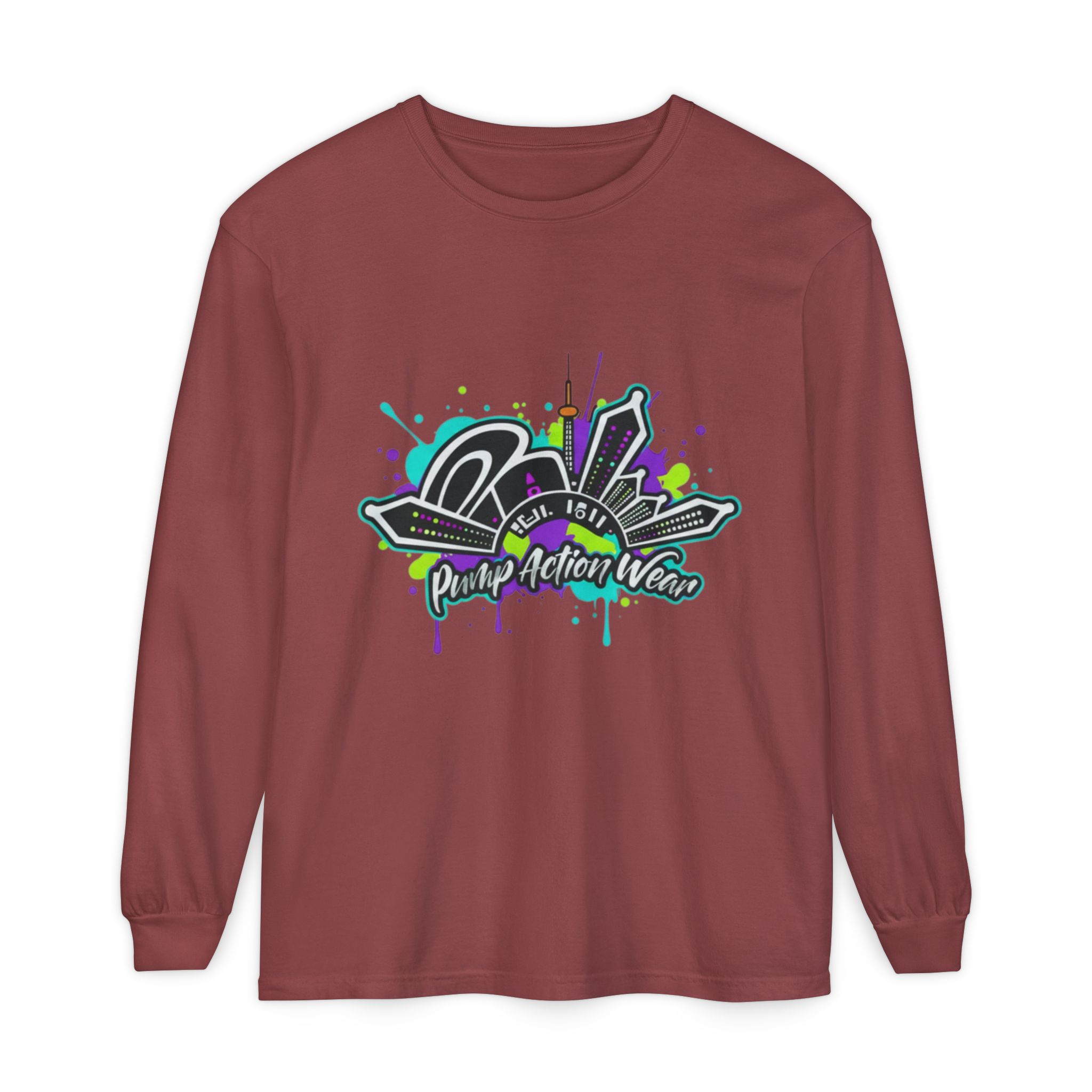 Graphic Long Sleeve T-Shirt — 'Pump Action Wear' Urban Graffiti City Design - Image 13