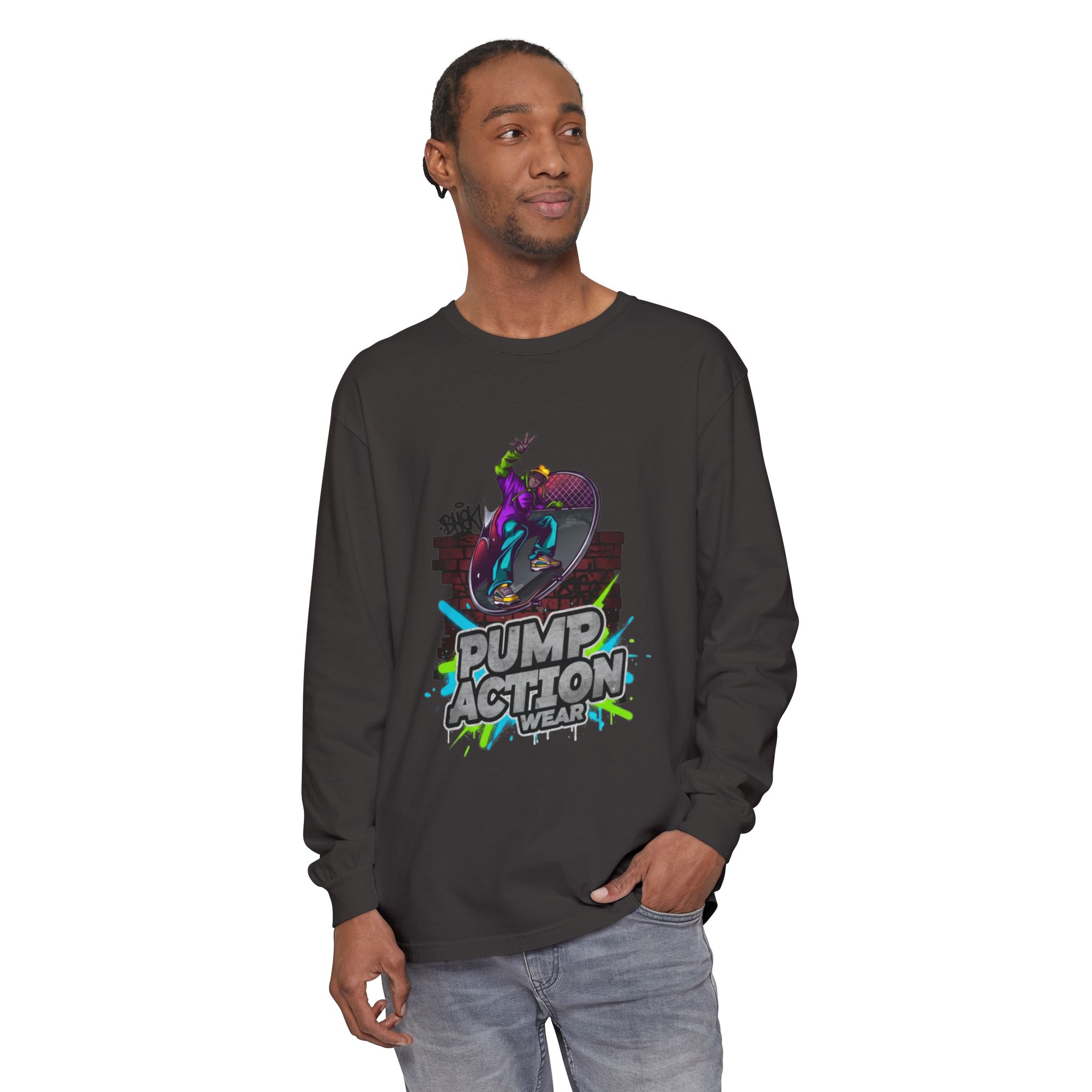 Pump Action Skateboard Long Sleeve Tee — Neon Skate Graphic - Image 59