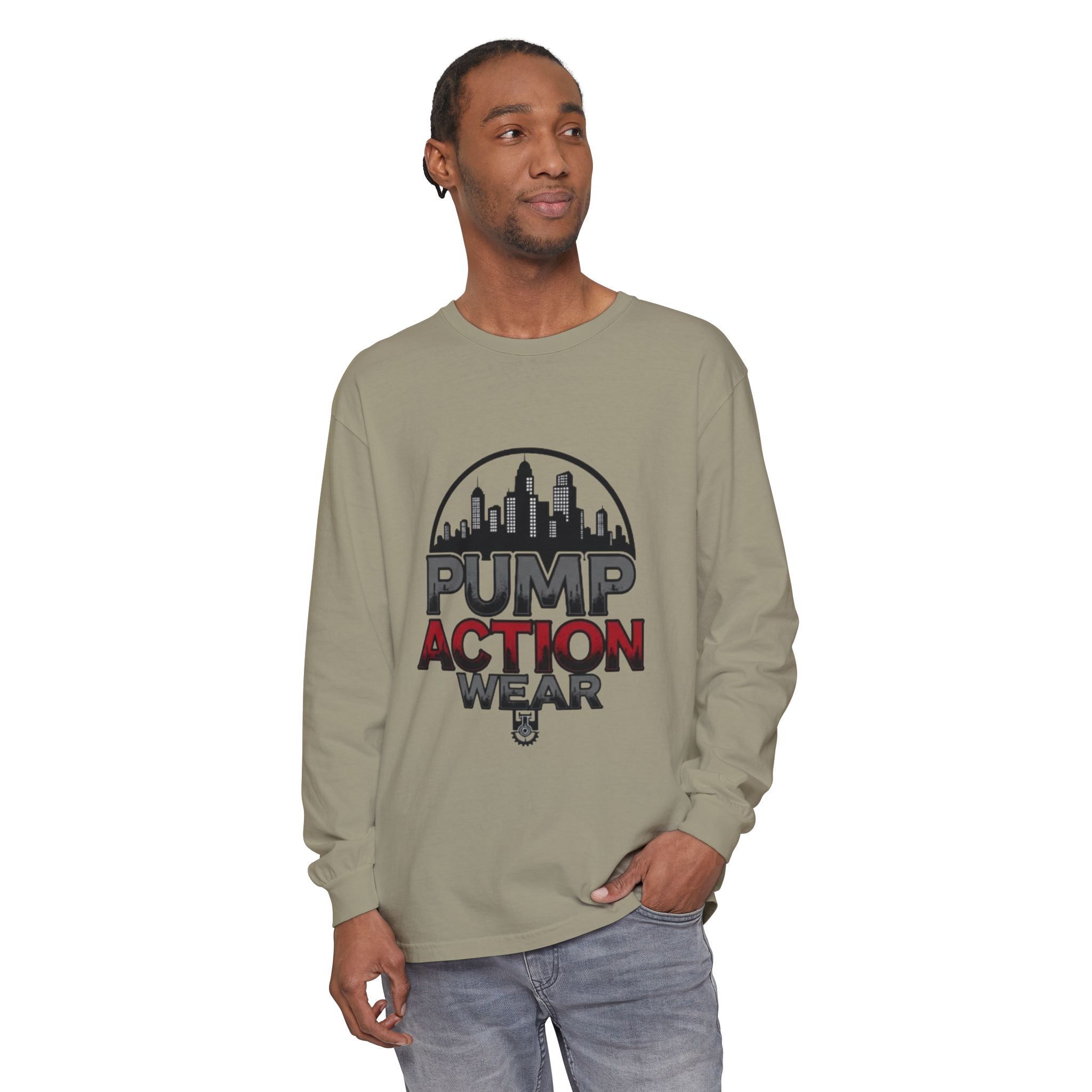 Pump Action Wear Long Sleeve Tee – Urban Skyline Graphic - Image 35