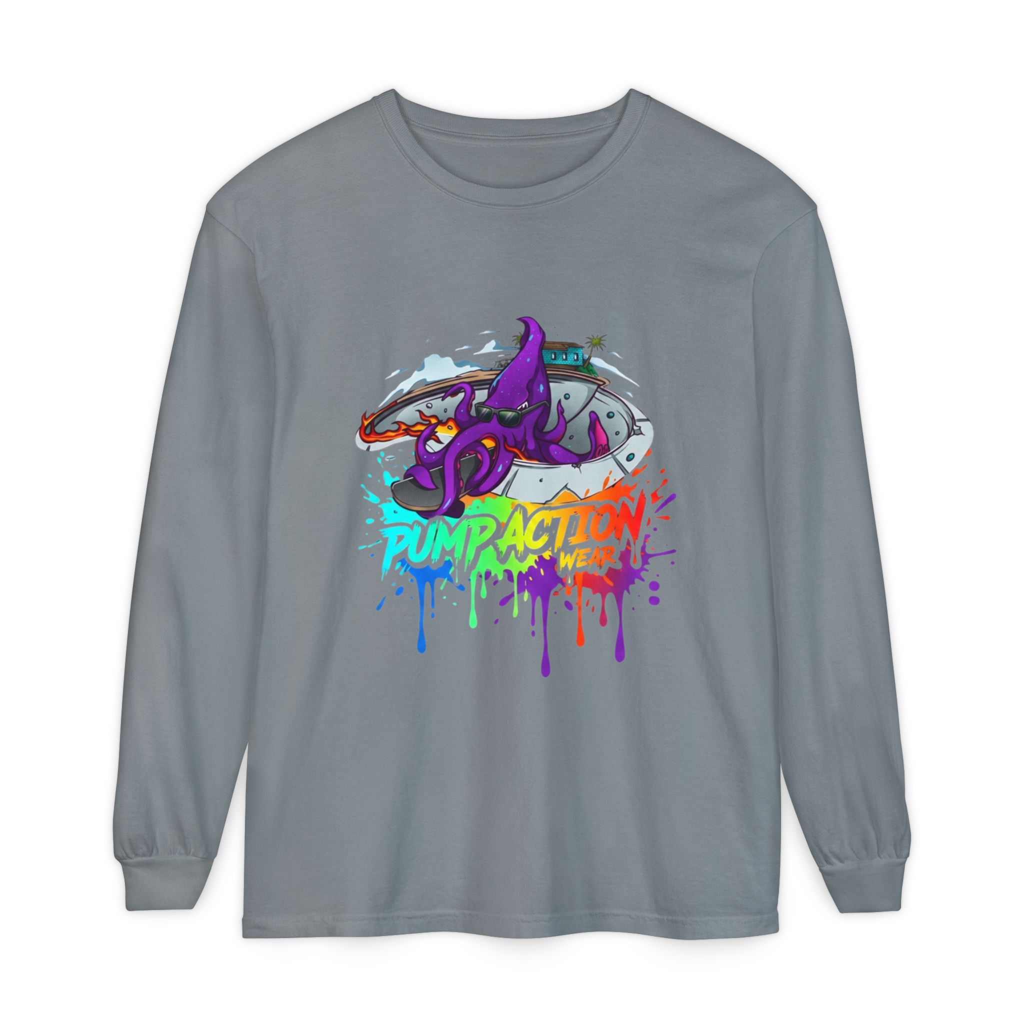 Long Sleeve T‑Shirt — 'Pump Action' Colorful Octopus Skate Graphic - Image 41