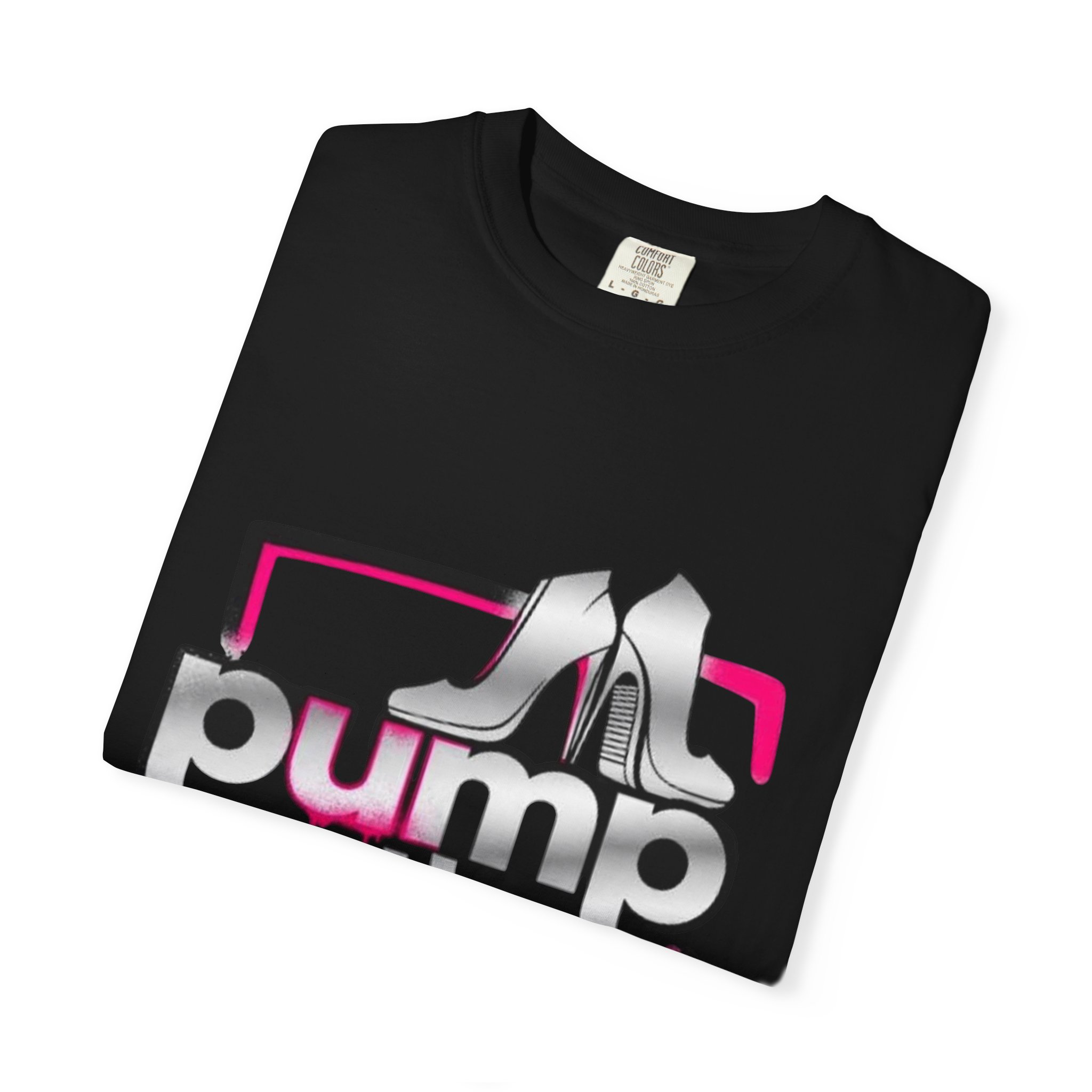 Pump Action Wear T-Shirt — Retro Metallic Heels Logo Tee - Image 47