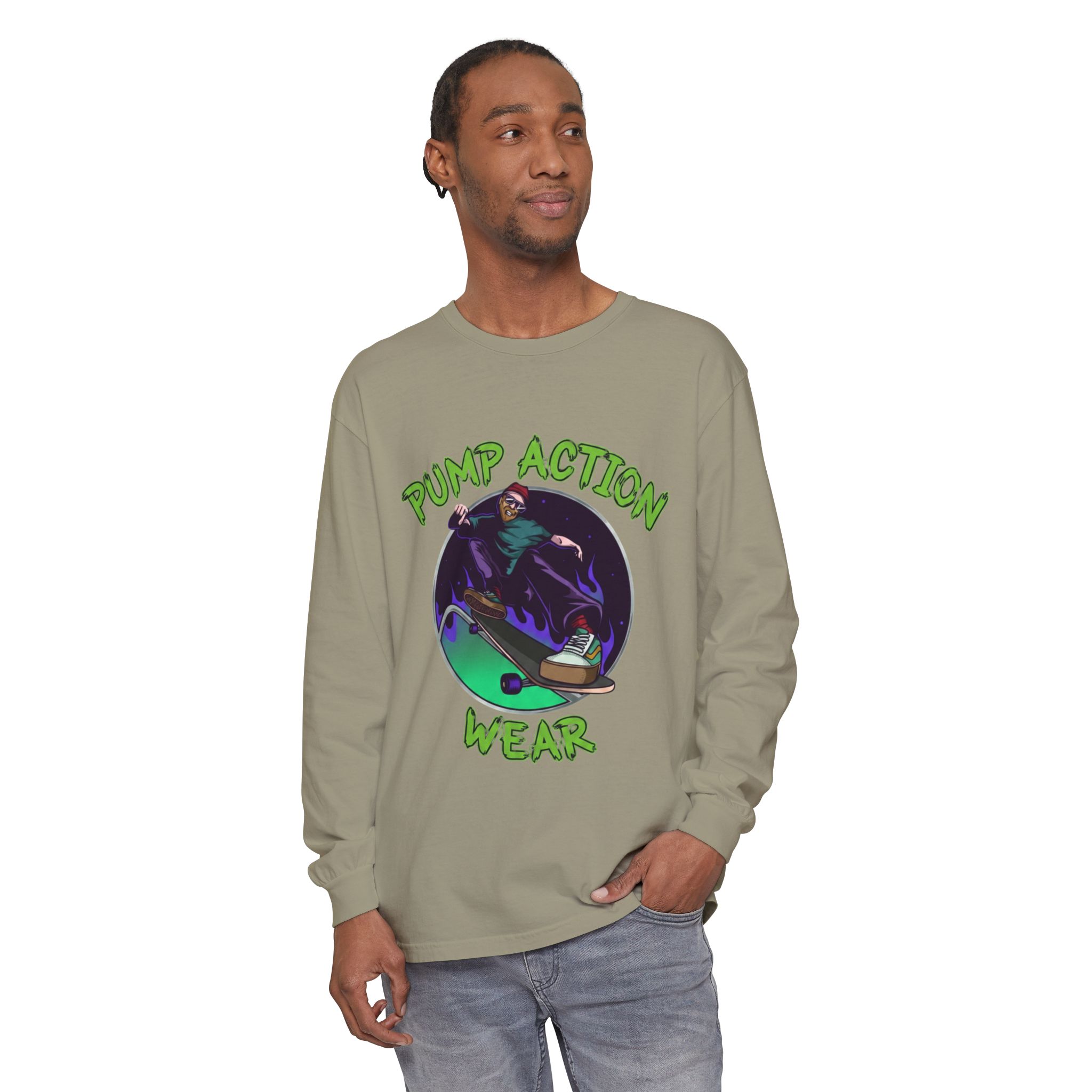 Skateboarder Graphic Long Sleeve Tee — "Pump Action Wear" - Image 31