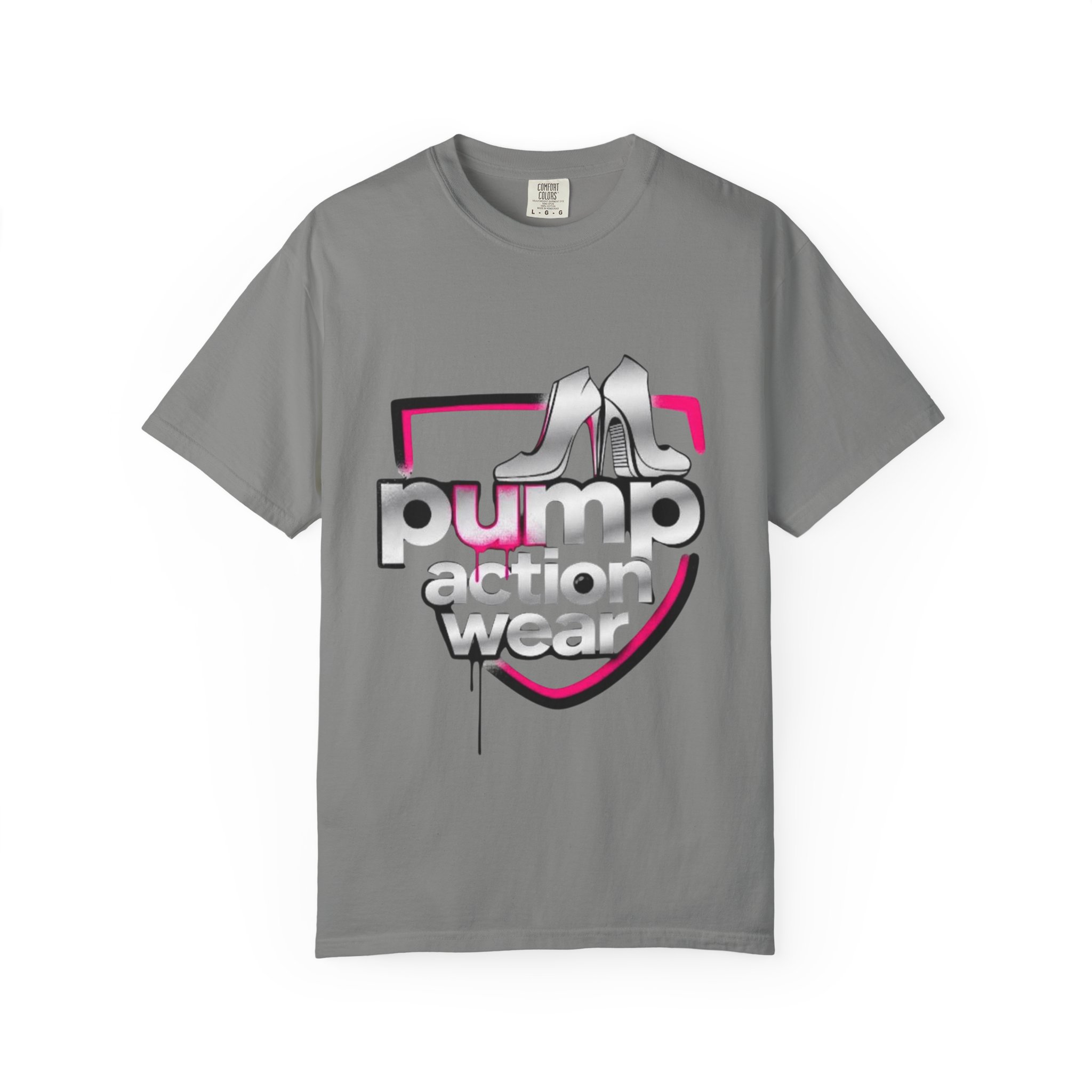 Pump Action Wear T-Shirt — Retro Metallic Heels Logo Tee - Image 33