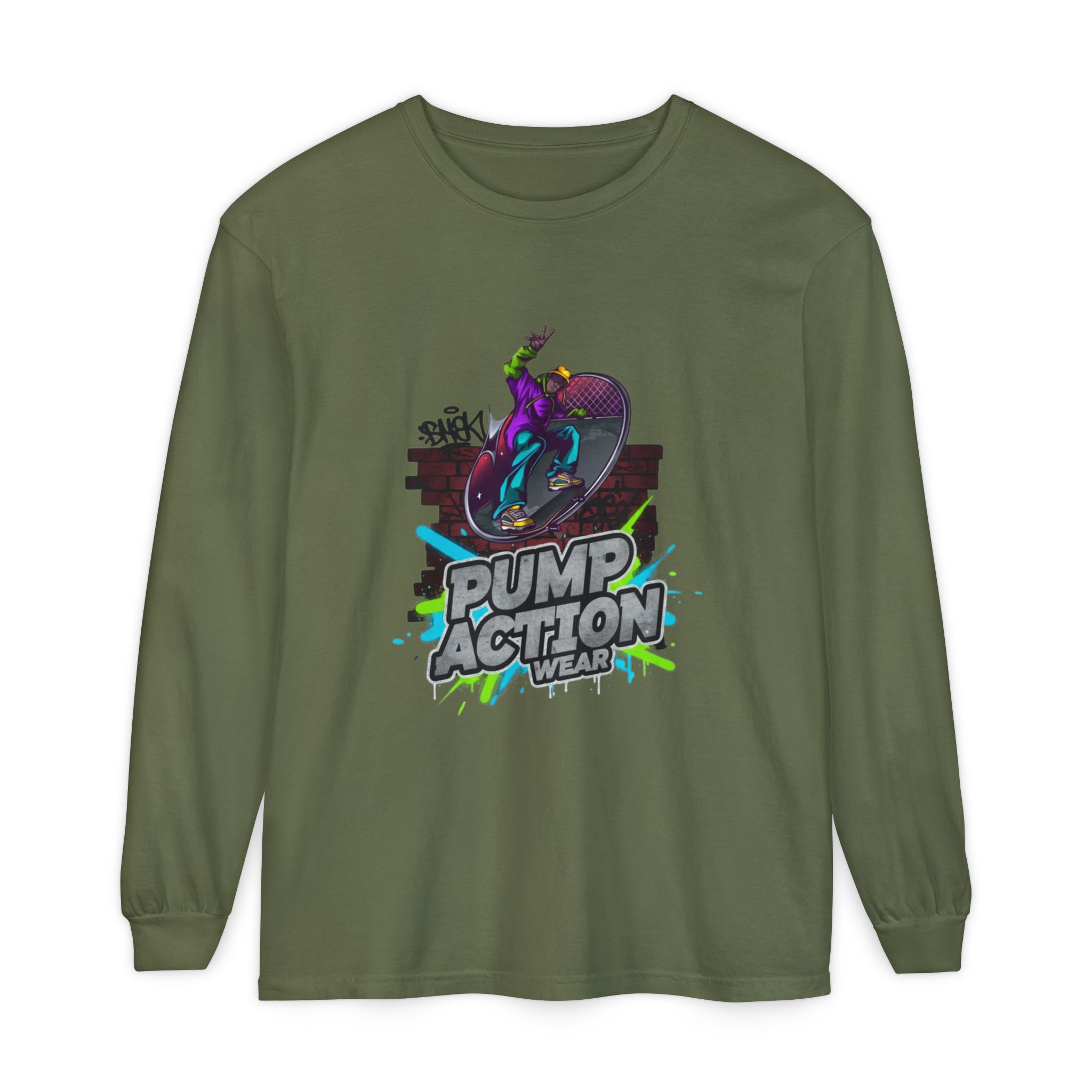 Pump Action Skateboard Long Sleeve Tee — Neon Skate Graphic - Image 45