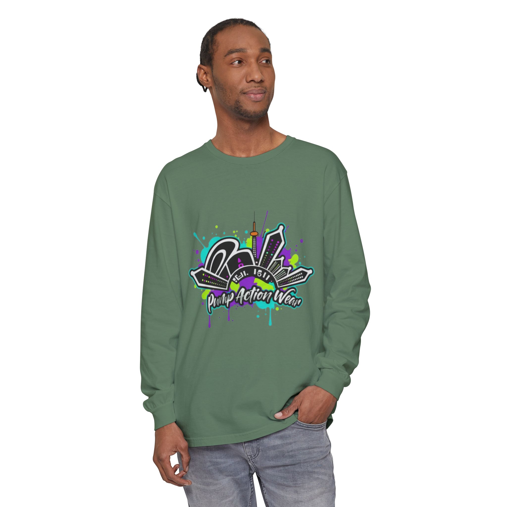 Graphic Long Sleeve T-Shirt — 'Pump Action Wear' Urban Graffiti City Design - Image 47