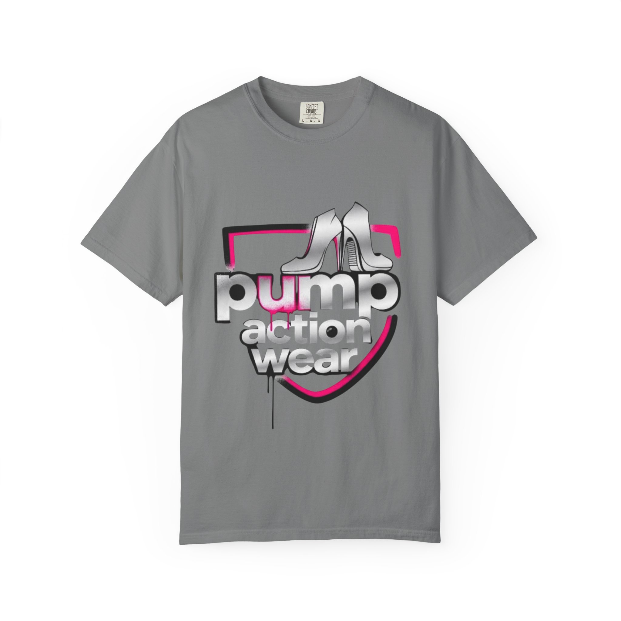 Pump Action Wear T-Shirt — Retro Metallic Heels Logo Tee - Image 21