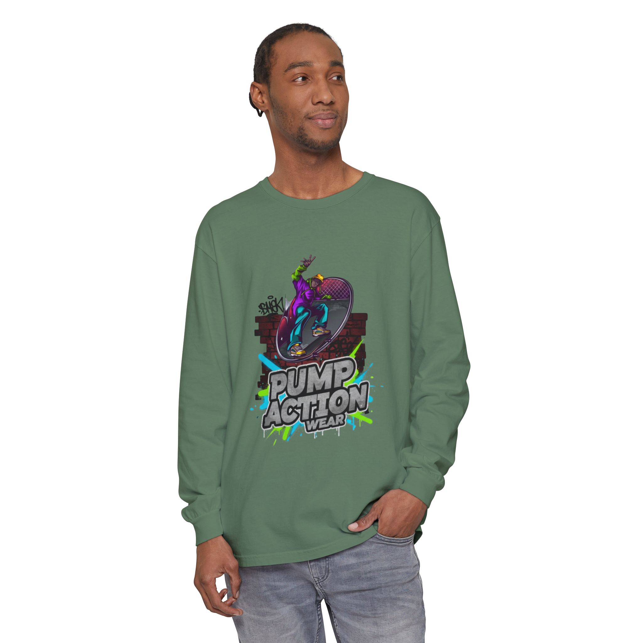Pump Action Skateboard Long Sleeve Tee — Neon Skate Graphic - Image 51