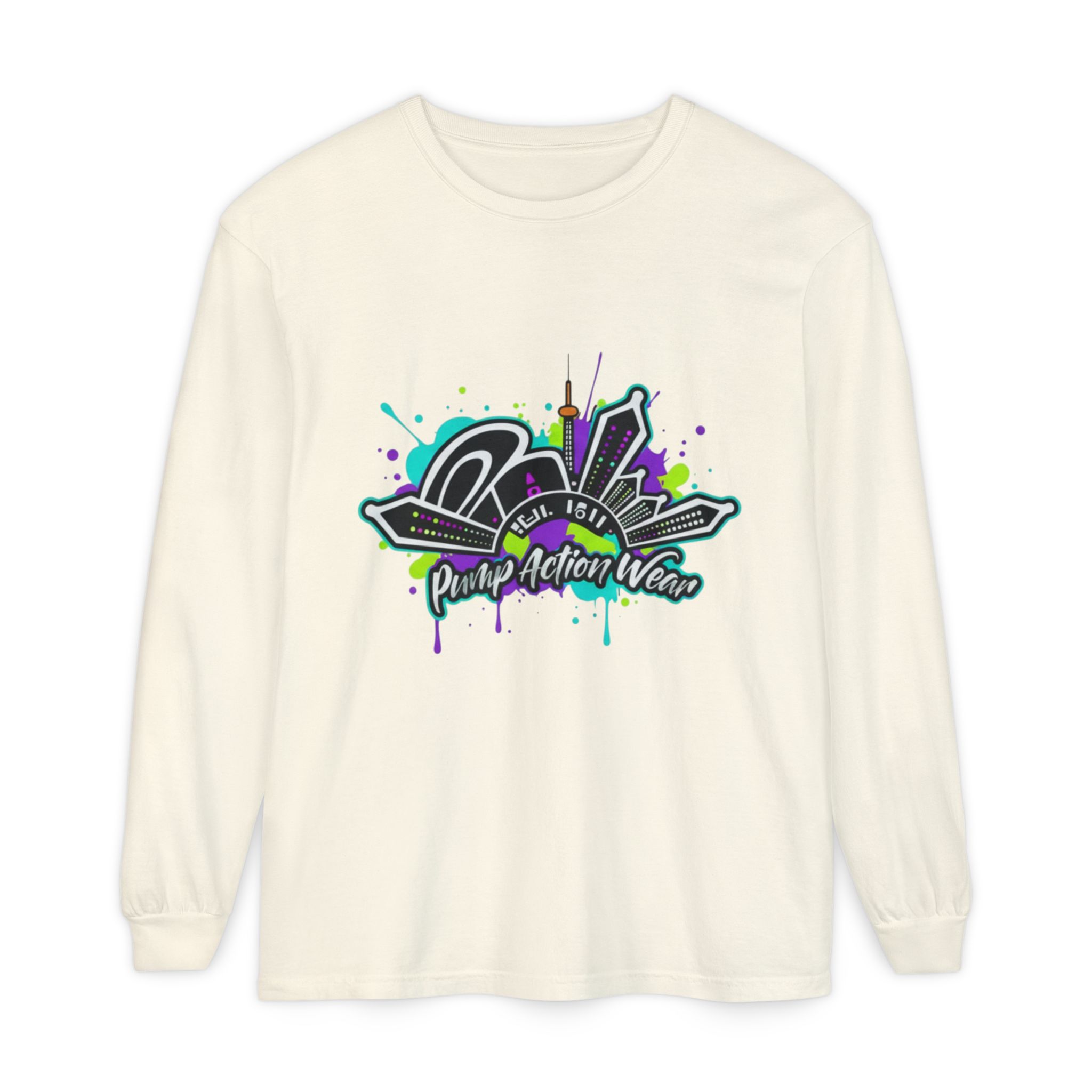 Graphic Long Sleeve T-Shirt — 'Pump Action Wear' Urban Graffiti City Design - Image 17