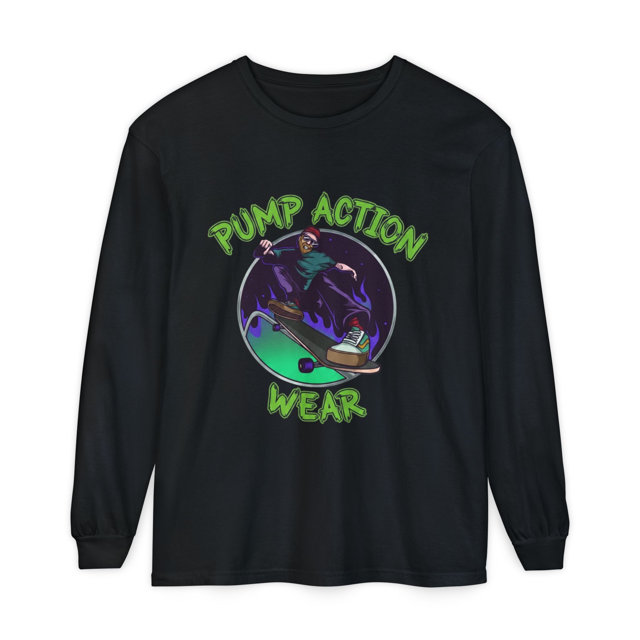 Skateboarder Graphic Long Sleeve Tee — "Pump Action Wear" - Image 57