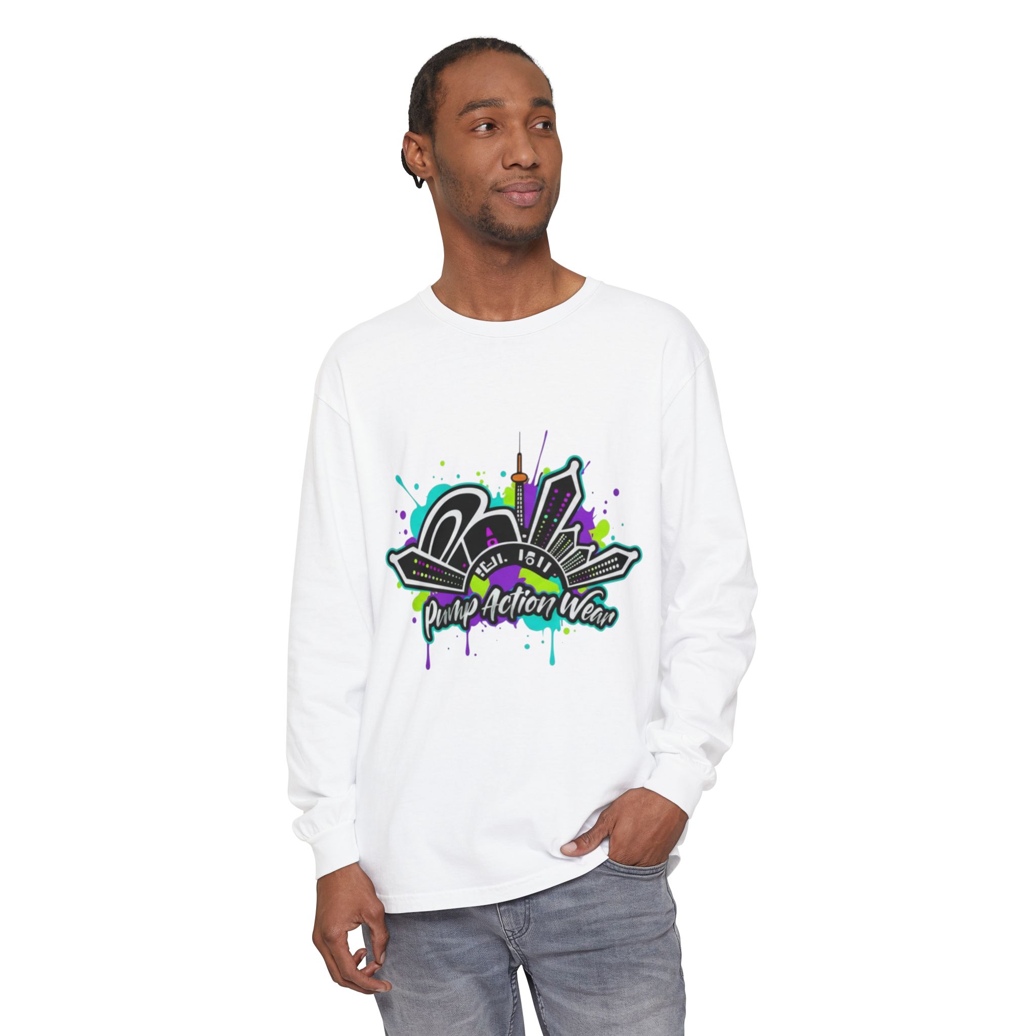 Graphic Long Sleeve T-Shirt — 'Pump Action Wear' Urban Graffiti City Design - Image 3