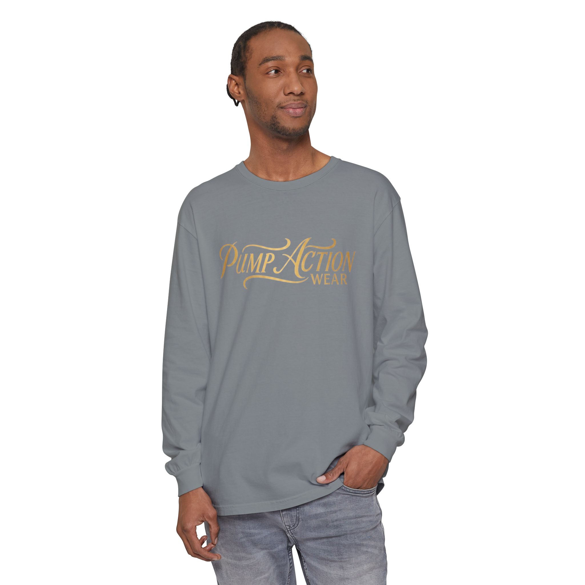 Pump Action Wear Long Sleeve Tee — Script Logo Graphic Shirt - Image 55