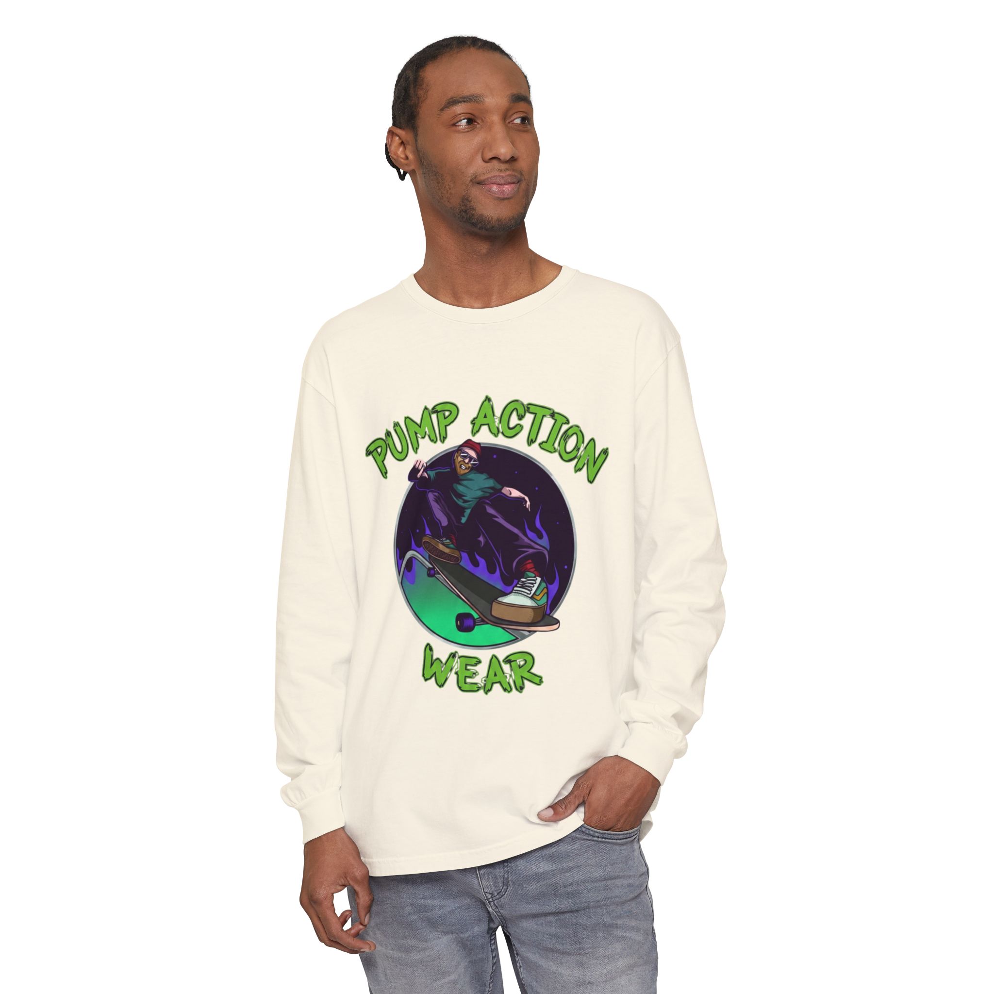 Skateboarder Graphic Long Sleeve Tee — "Pump Action Wear" - Image 19
